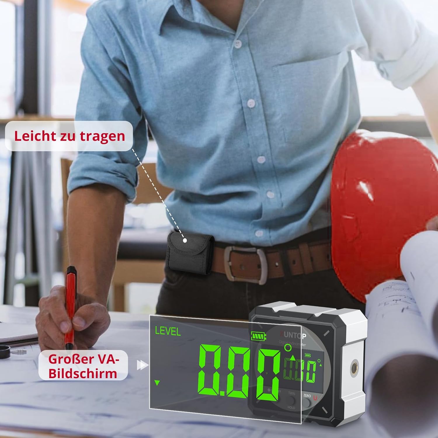 Thumbnail 5 de XUNTOP Digitaler Winkelmesser Neigungsmesser mit Laser-Wasserwaage und LCD-Display – IP54, magnetisch, USB-C