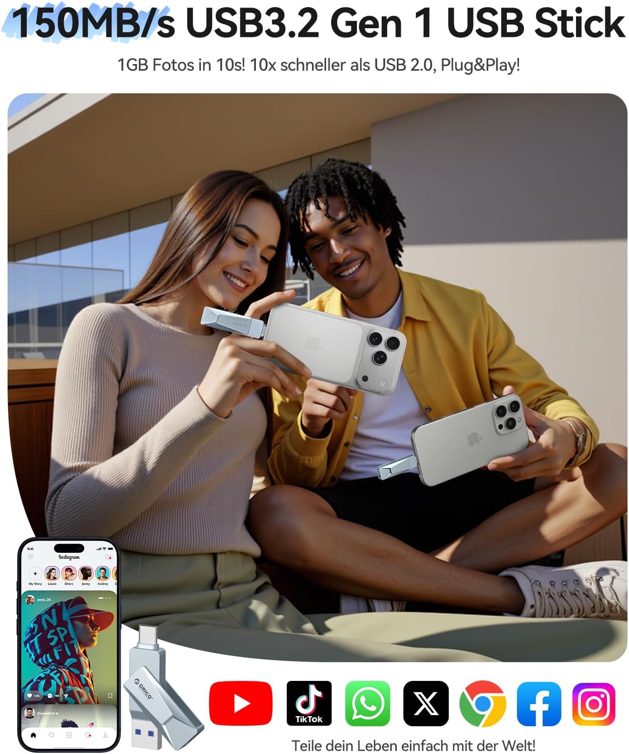 Thumbnail 5 de ORICO USB Stick 128GB USB 3.2 Speicherstick OTG – 2-in-1 USB-C / USB-A, Metallgehäuse, Blau