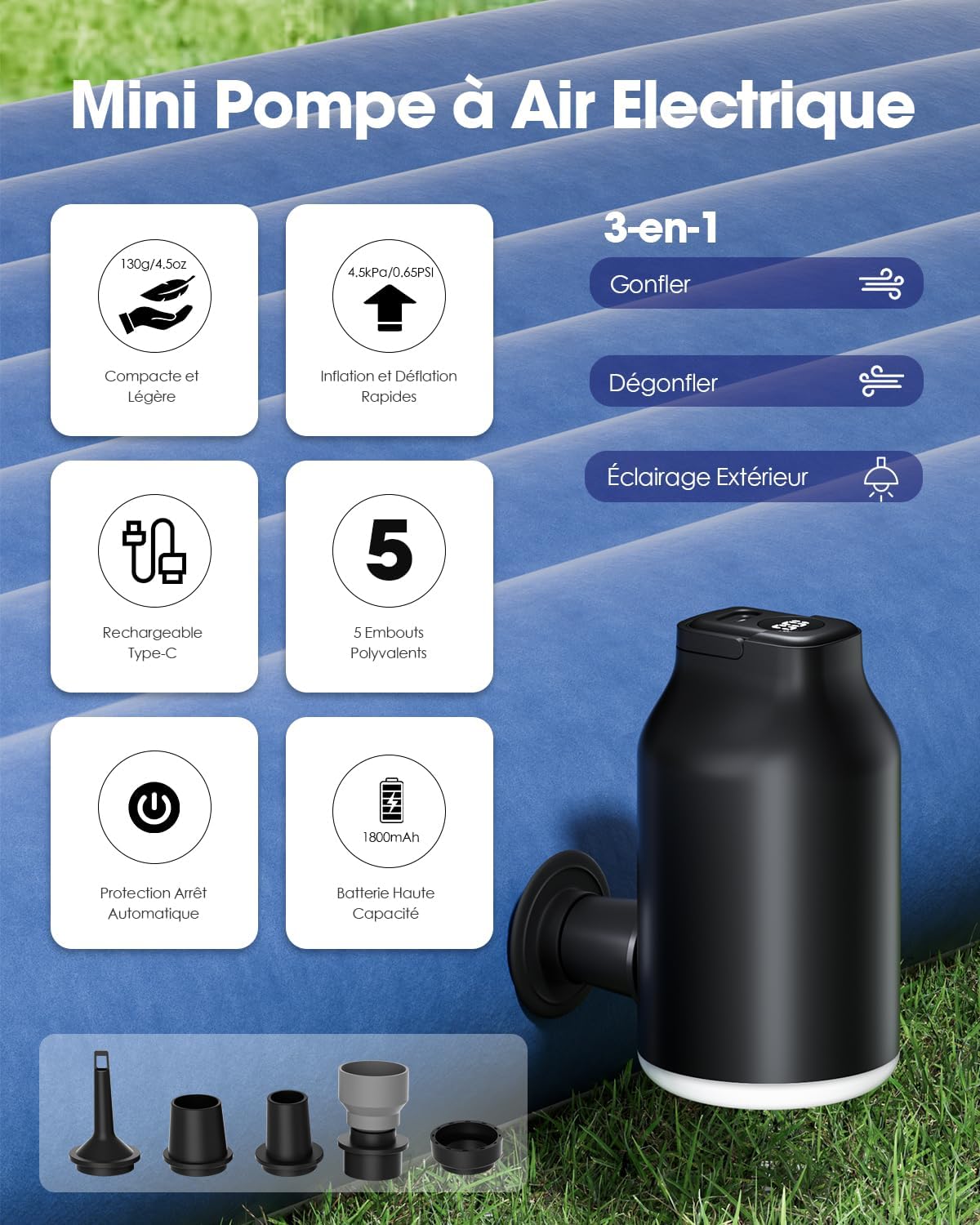 Thumbnail 1 de TRILINK Pompe à air électrique mini portable pour matelas et lits gonflables (rechargeable, LED, 5 buses)