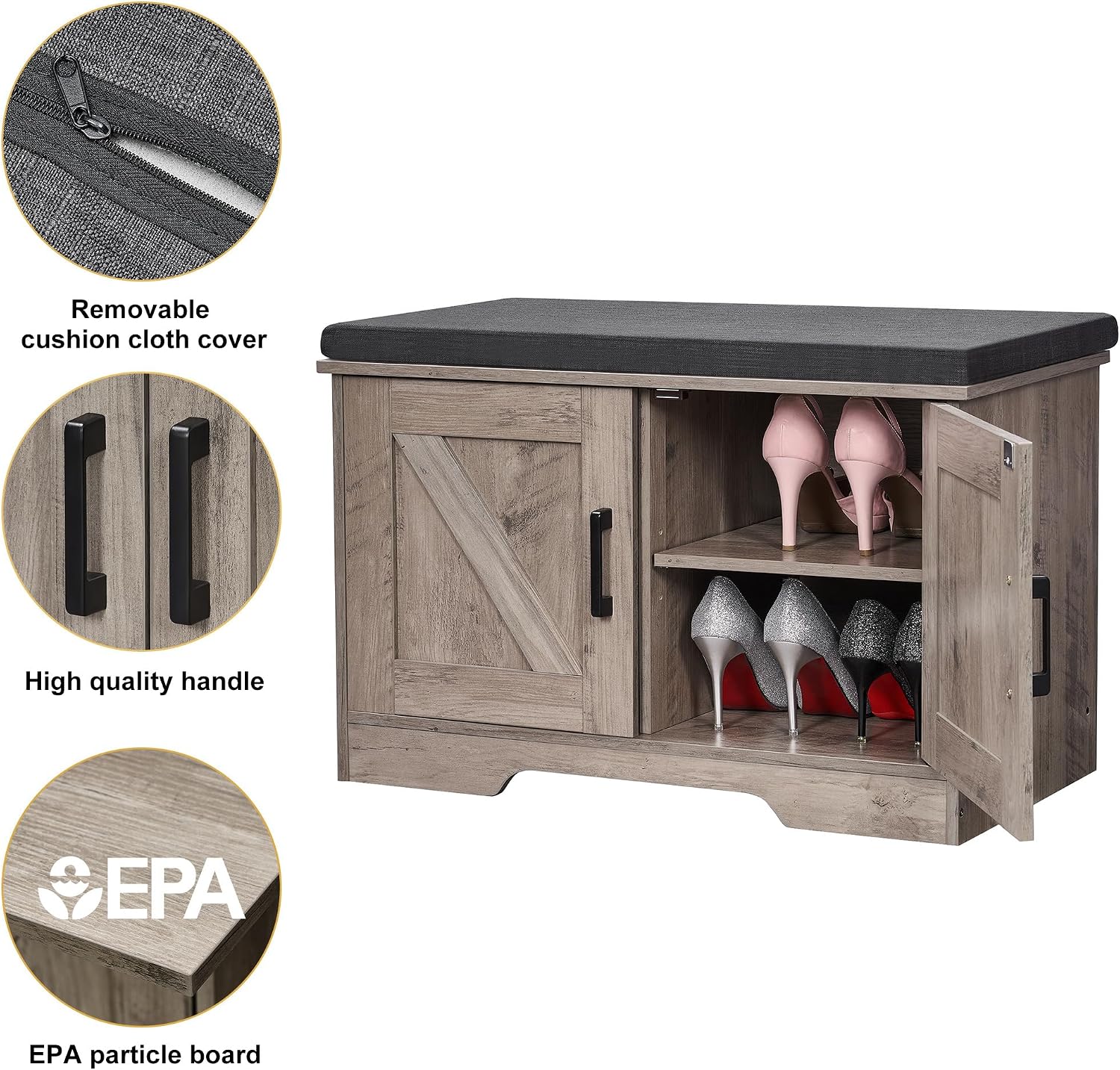 Thumbnail 4 de HOMSHO 2-Tier Storage Bench (27.6" Wide) with Padded Seat Cushion, Barn Doors & Adjustable Shelf, Greige