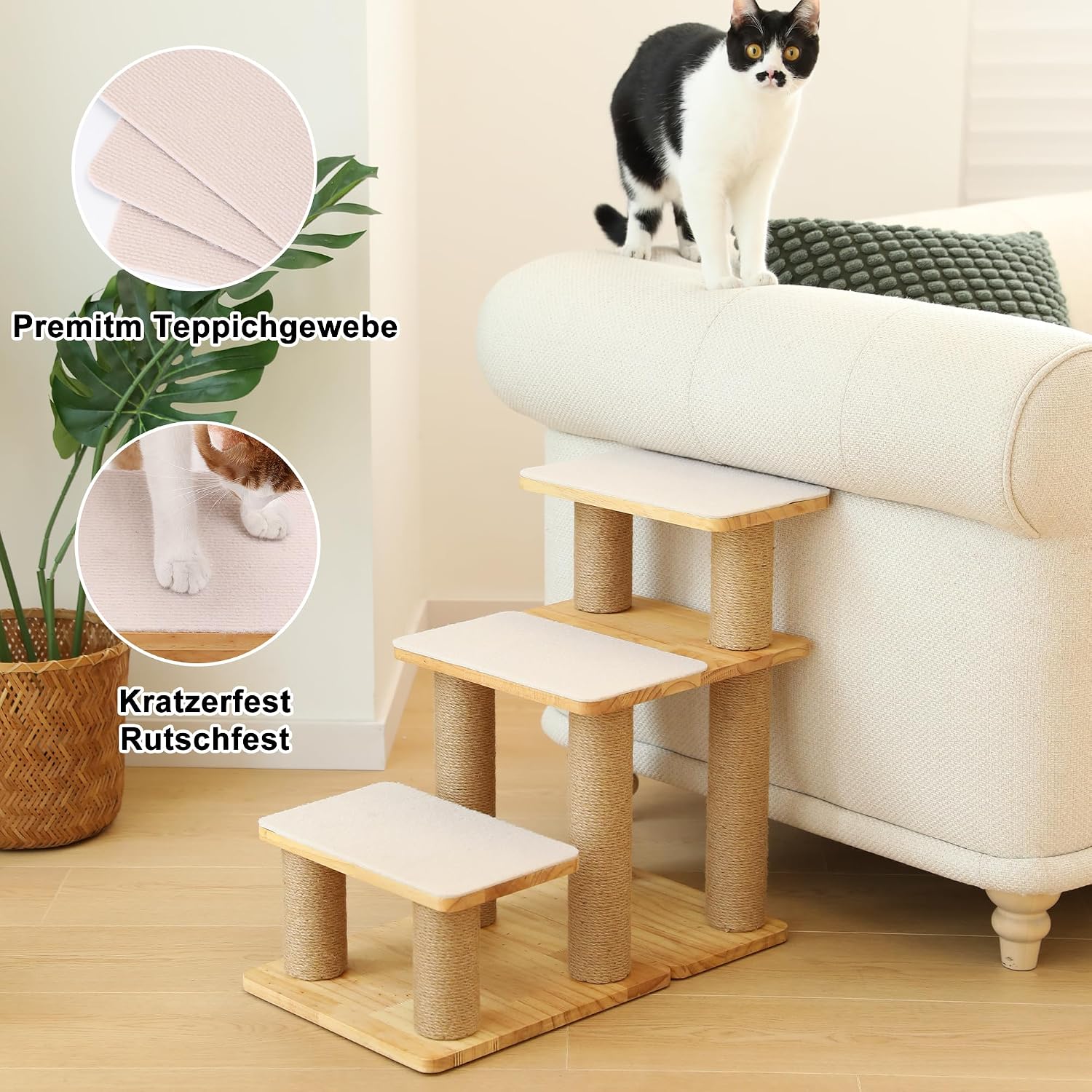 Detalle de FUKUMARU Hundetreppe 3 Stufen – Kiefernholz, Jute, bis 90 kg, 18–51 cm höhenverstellbar