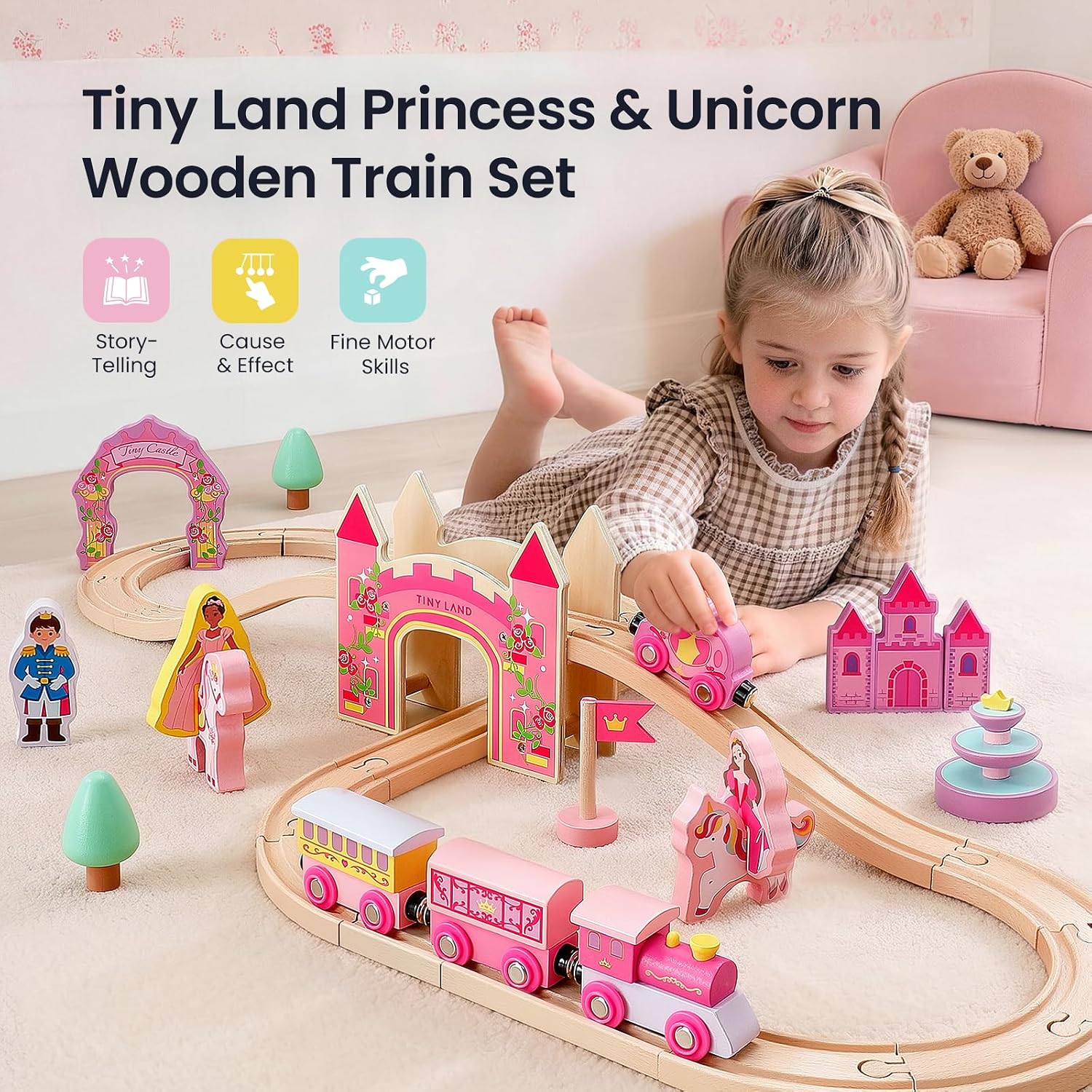 Thumbnail 1 de Tiny Land Unicorn Princess Wooden Train Set (38 Pieces) with Castle Bridge and Royal Accessories