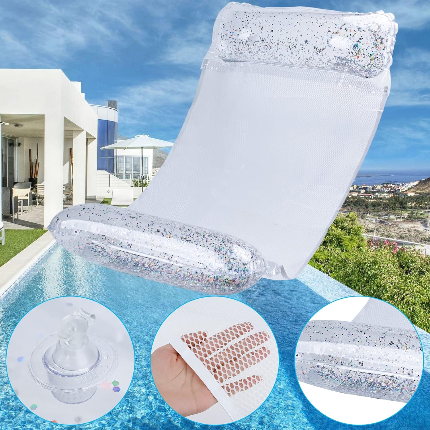 Detalle 2 de CYFIE Amaca galleggiante con rete gonfiabile 4-in-1: relax e divertimento per piscina e spiaggia
