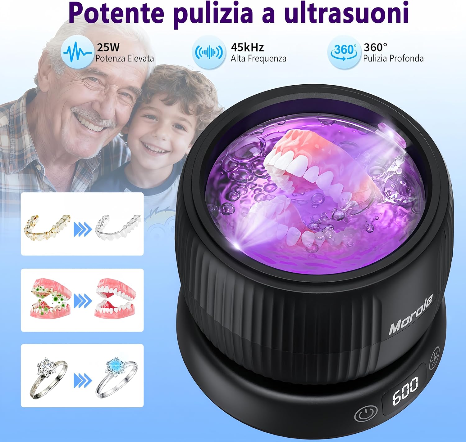 Detalle 2 de Morole Pulitore Ultrasuoni con Lampada UV – 45000 Hz, 200 ml, Portatile
