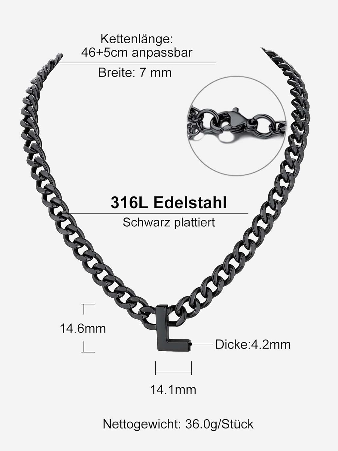 Detalle de Richsteel Initial Halskette A-Z Cuban Link – personalisierbar, langlebig & stilvoll