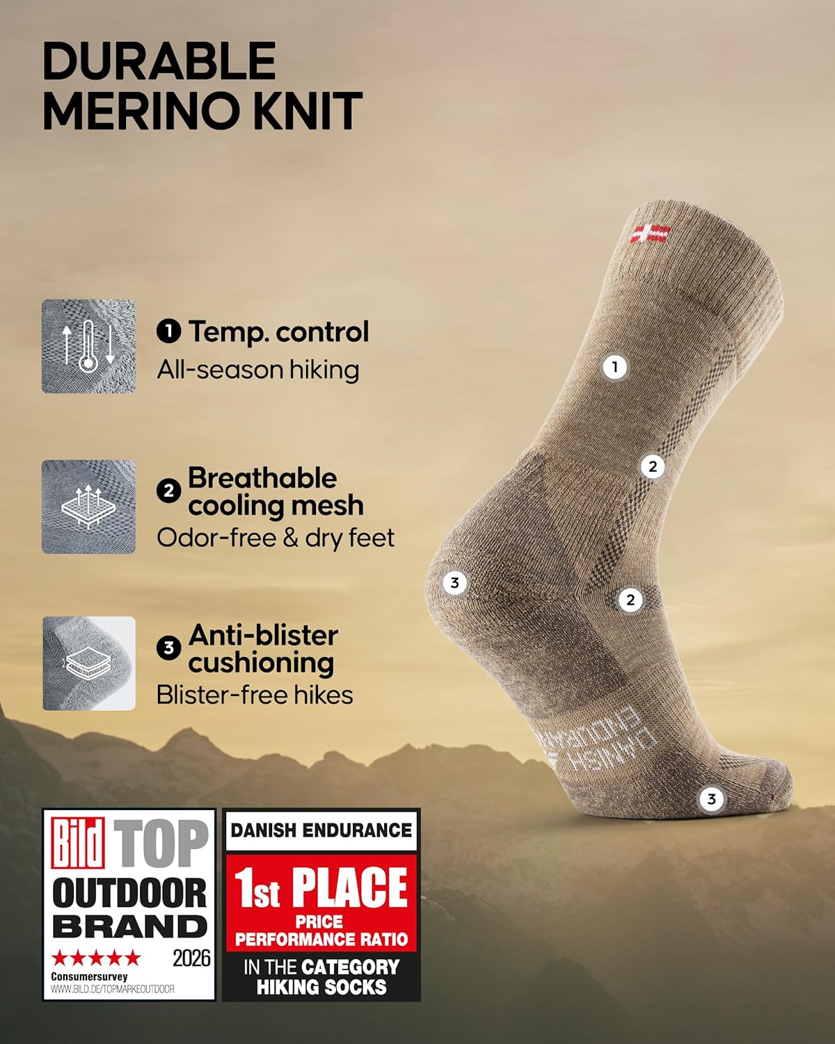 Thumbnail 1 de DANISH ENDURANCE Hiking Socks: Breathable Merino Wool Walking Socks with Anti-Blister Cushioning (Unisex, 3 or 5 Pack)
