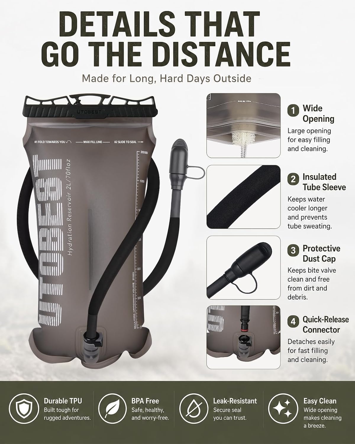Detalle de UTOBEST Water Bladder 1.5L–3L: Durable TPU Hydration Reservoir for Outdoor Activities