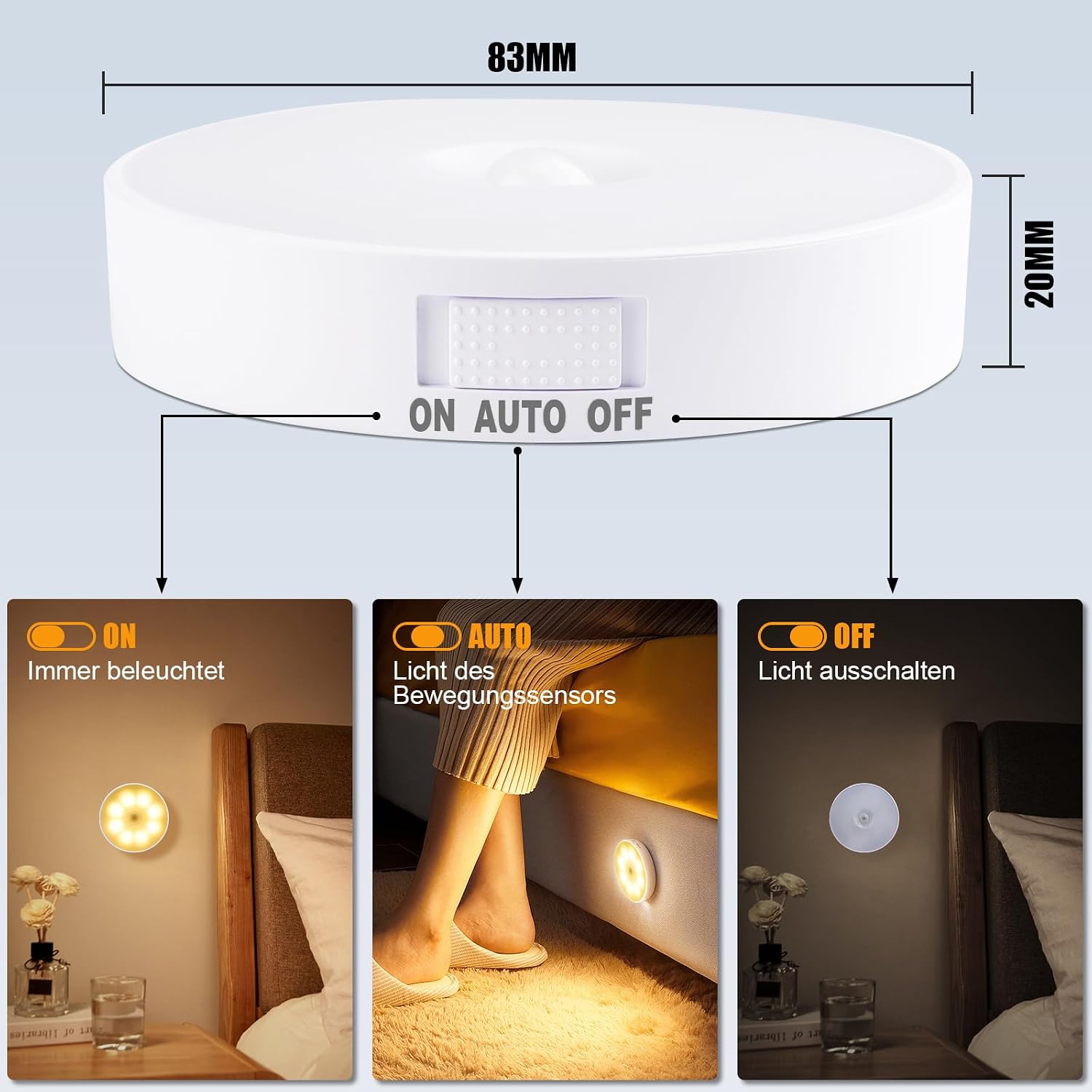 Detalle de Electight 3-delige bewegingssensorlamp met 8 LED’s, USB en magneetbevestiging