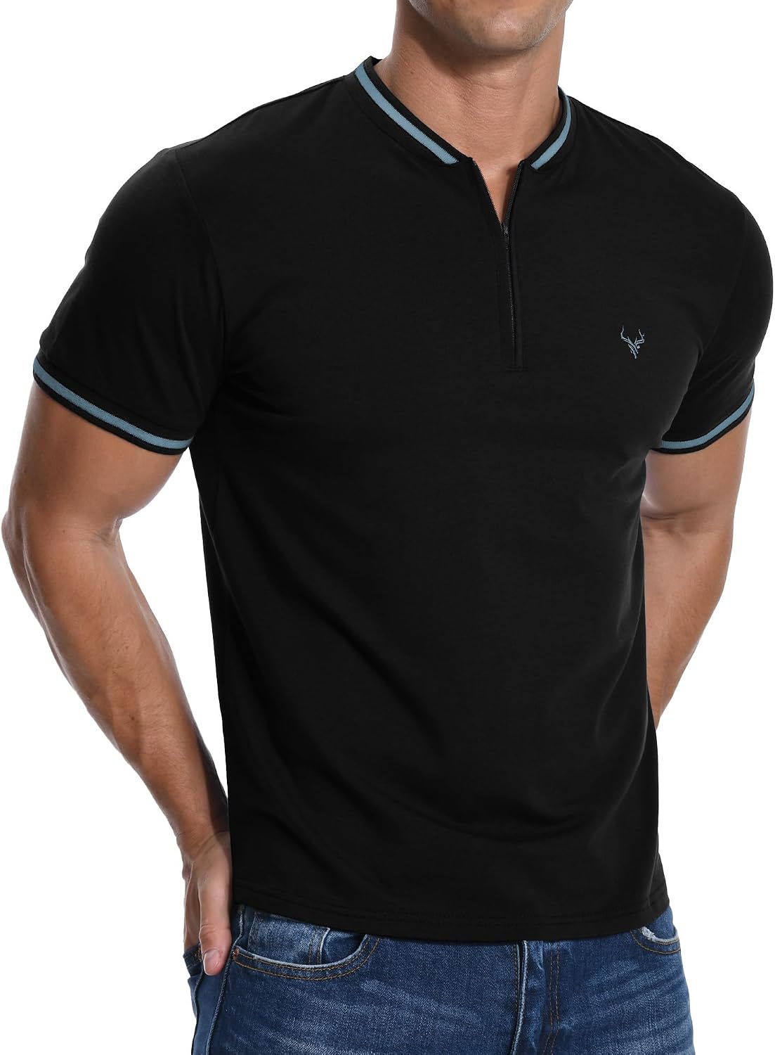 Detalle de PCEAIIH Men's Henley T-Shirt with Zip Stand Neck and Deer Head Embroidery