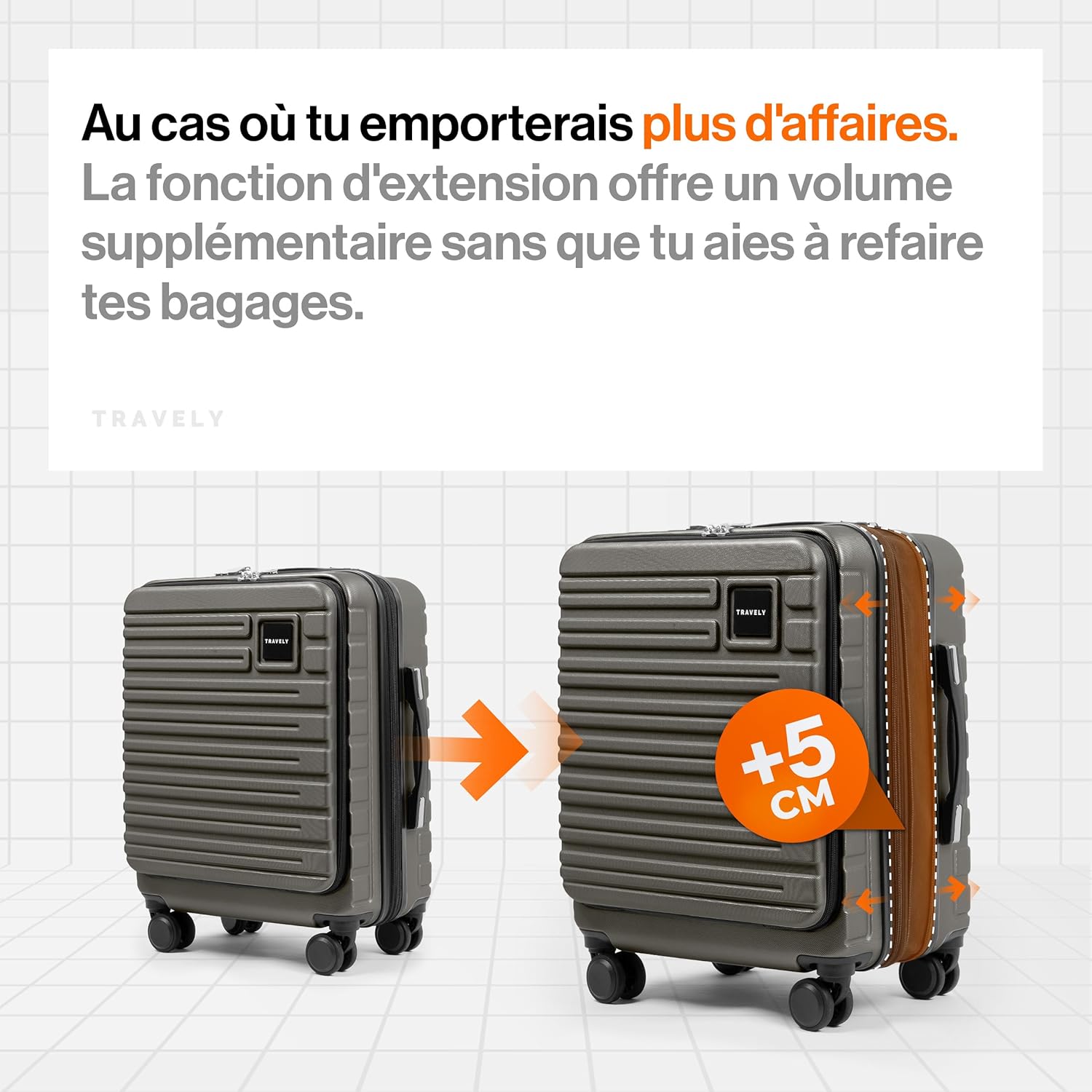 Detalle 2 de Travely Valise Cabine Expandable 55x40x23 cm – 36 L (ou 41–50 L) avec roulettes souples et serrure TSA