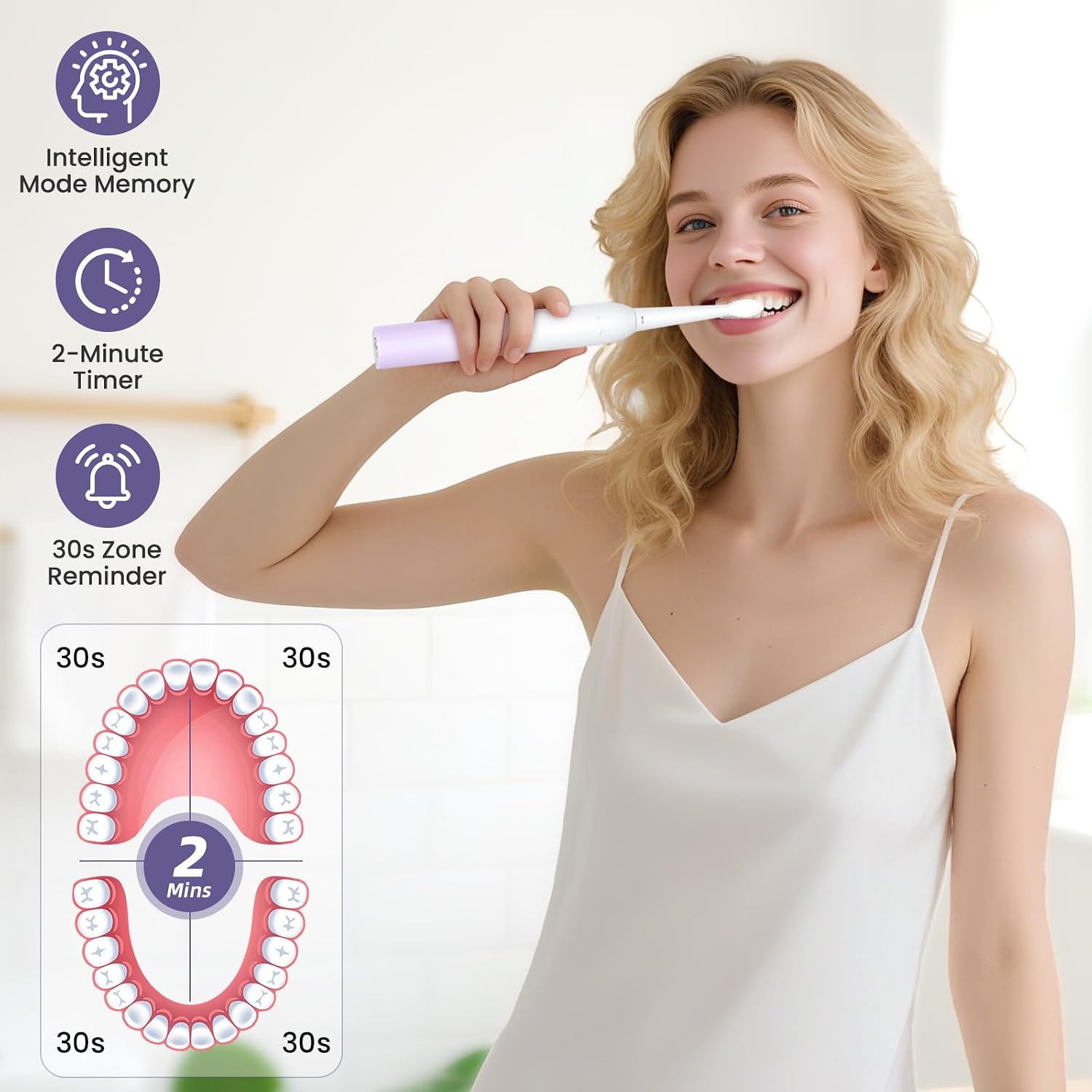 Detalle de YUNCHI C2 Electric Toothbrush (Purple White Gradient) – USB-C rechargeable sonic brush with 5 modes and 8 heads