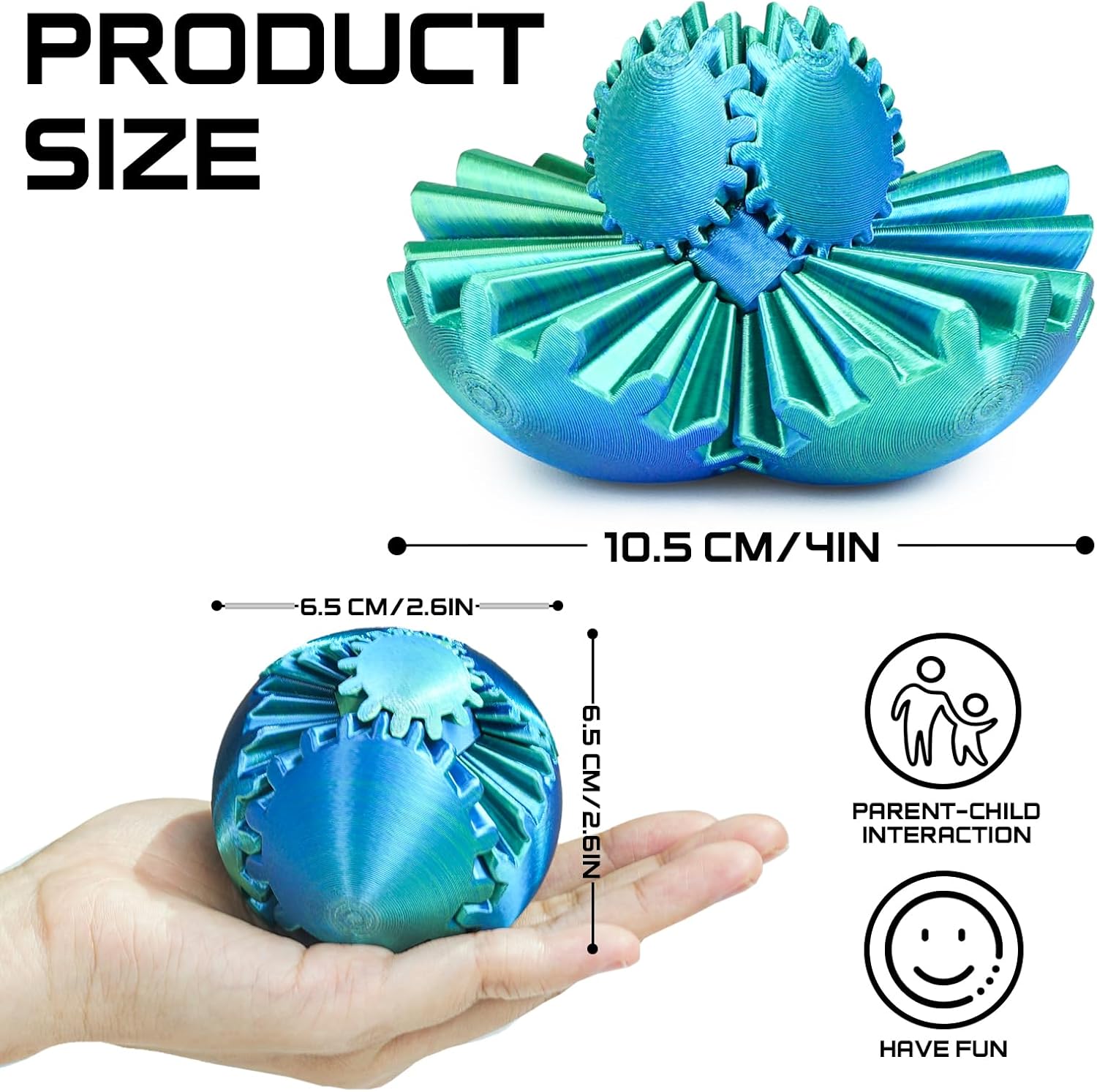 Thumbnail 3 de Gear Ball 3D Printed Fidget Toy Spinning Gear Sphere (Green, 2.5 inch)