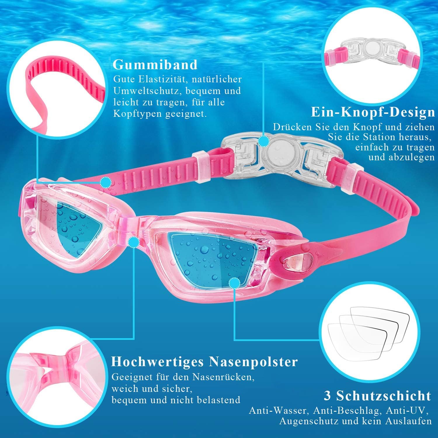 Detalle de COOLOO Schwimmbrille Kinder – 2er-Set mit Anti-Fog, Auslaufschutz und UV-Schutz