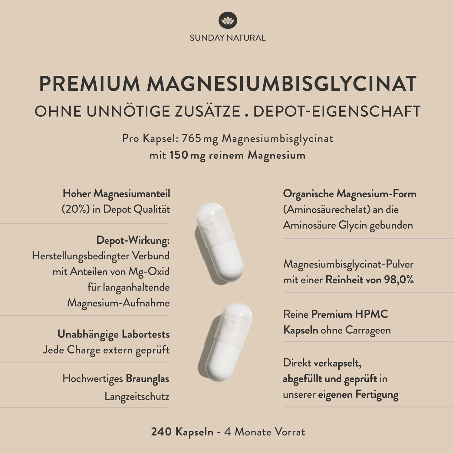 Detalle de SUNDAY NATURAL Magnesium Bisglycinat – 240 Kapseln, 300 mg pro Tagesdosis, vegan und laborgeprüft