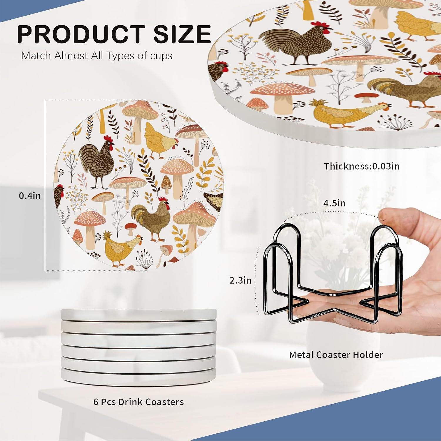 Thumbnail 3 de Farm Animals Hens & Plants Coasters – 6-Pack Ceramic Drink Mats with Cork Base and Metal Holder