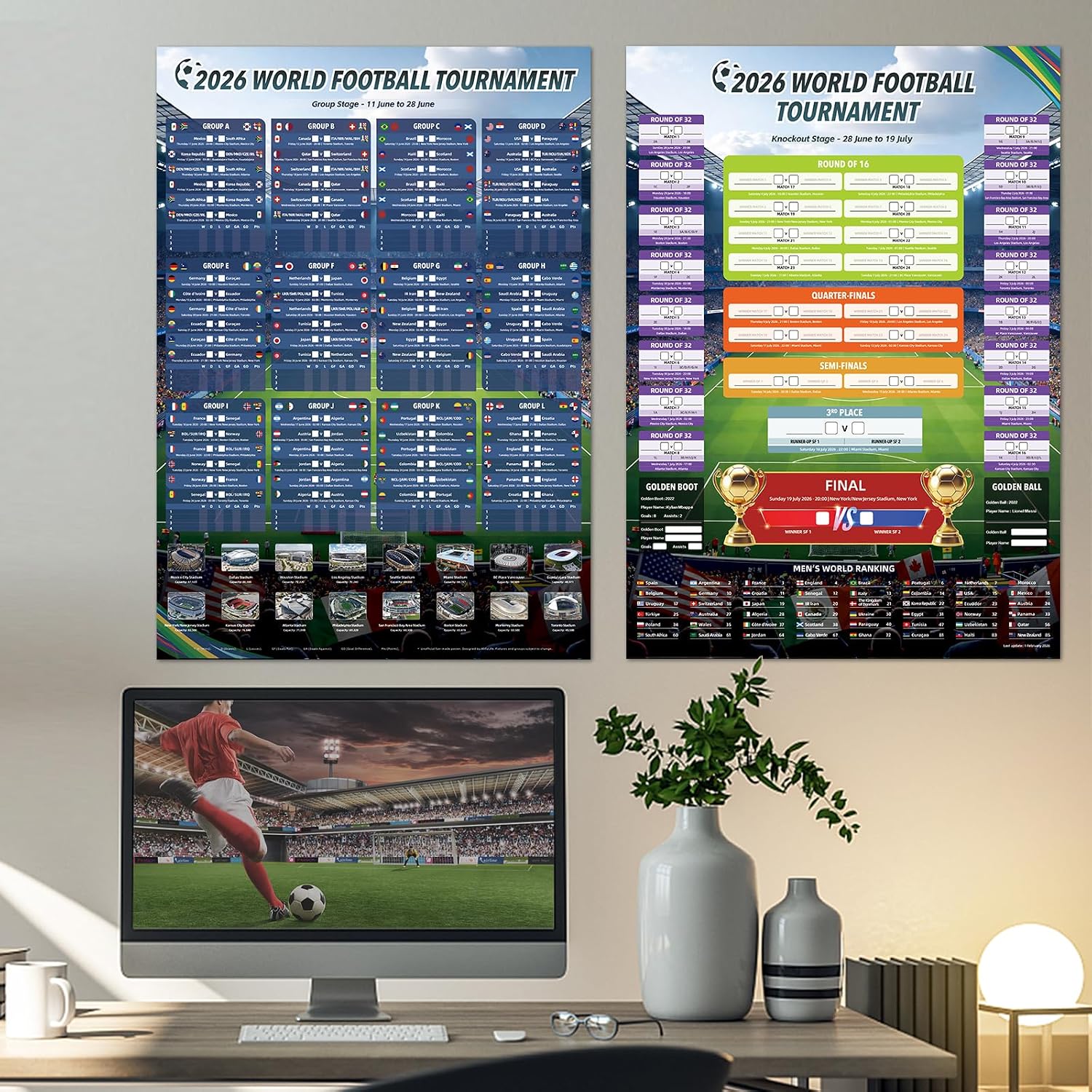 Detalle de AhfuLife World Cup Football Wall Chart 2026 (A2) – Party Decor & Match Calendar