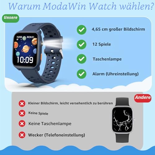 Thumbnail 2 de ModaWin Smartwatch Kinder – 1,85'' HD-Touchscreen, IP68, 100+ Sportmodi, Schlafmonitor & Pulsüberwachung (Blau)