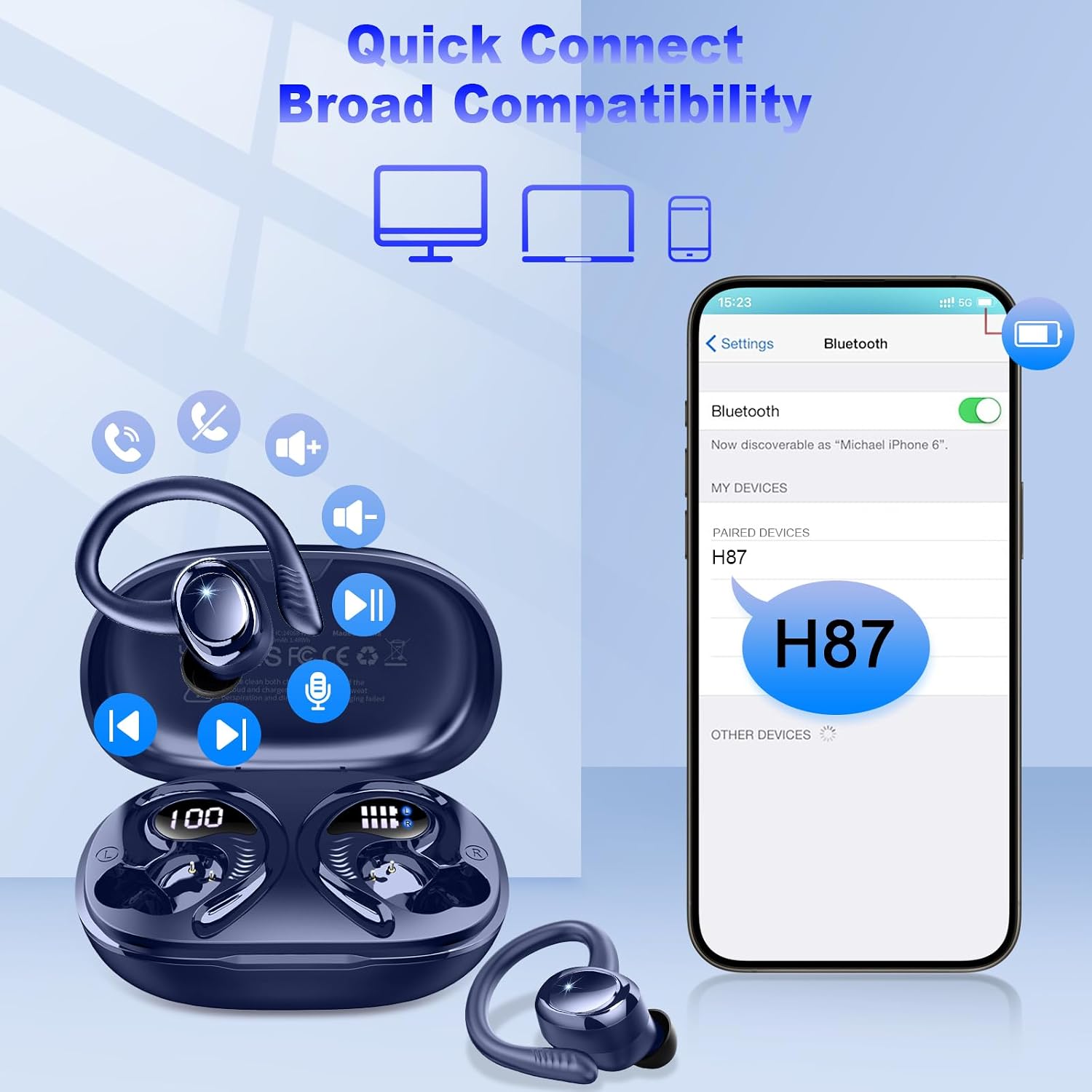 Thumbnail 6 de Hupoaf Bluetooth 5.4 Sport-Kopfhörer In-Ear mit Ohrhaken, IP7, 6D Stereo & 4× ENC Mic
