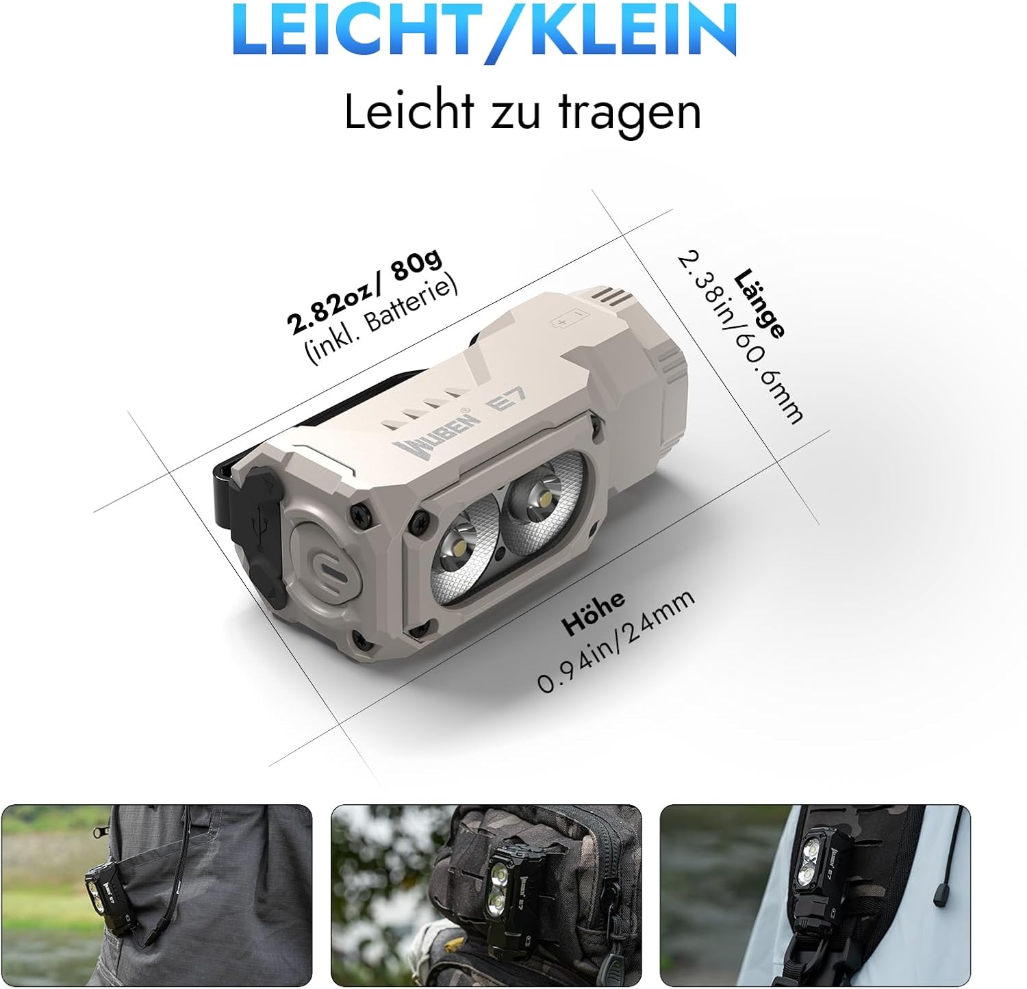 Detalle 2 de WUBEN Mini lampe de poche E7 1800 lumens Kaki rechargeable avec aimant (6 modes, LED) – torche EDC