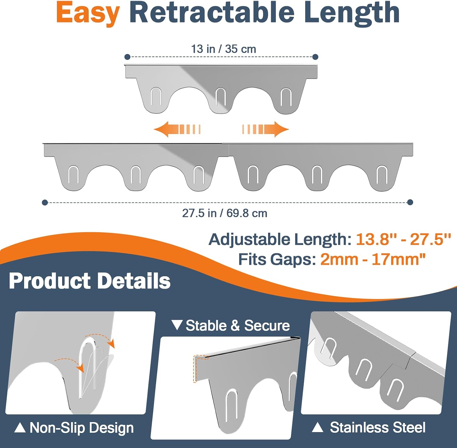Detalle de AUBEATY 001 Stainless Steel Stove Gap Covers, Retractable 13.8–27.5 in