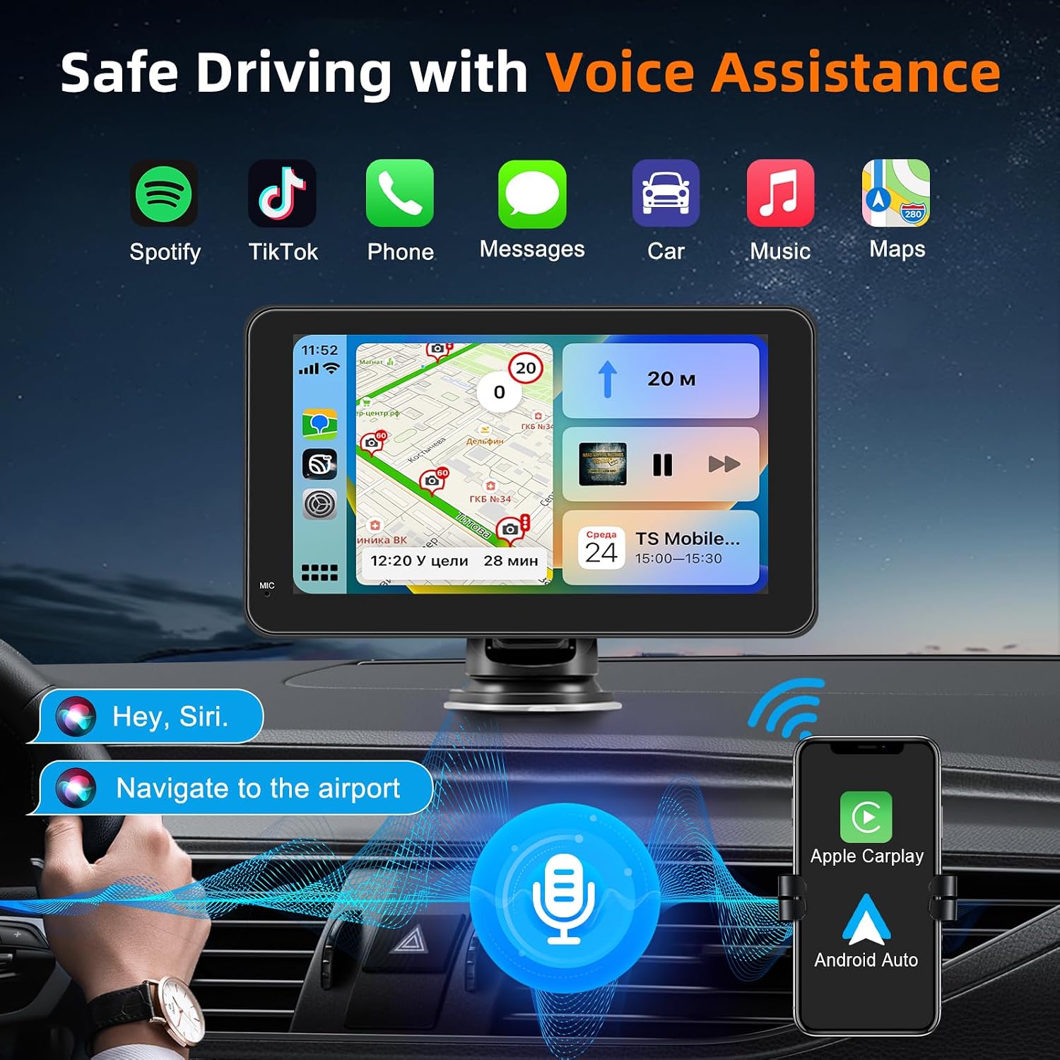 Thumbnail 3 de Schermo Portatile per Auto 7'' con CarPlay Wireless, Android Auto, Mirror Link e Navigazione GPS
