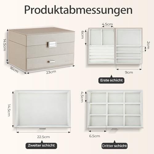 Detalle de Dajasan Schmuckkästchen – 3‑stufige PU‑Leder Schmuckbox mit 1 Schublade (Champagner)