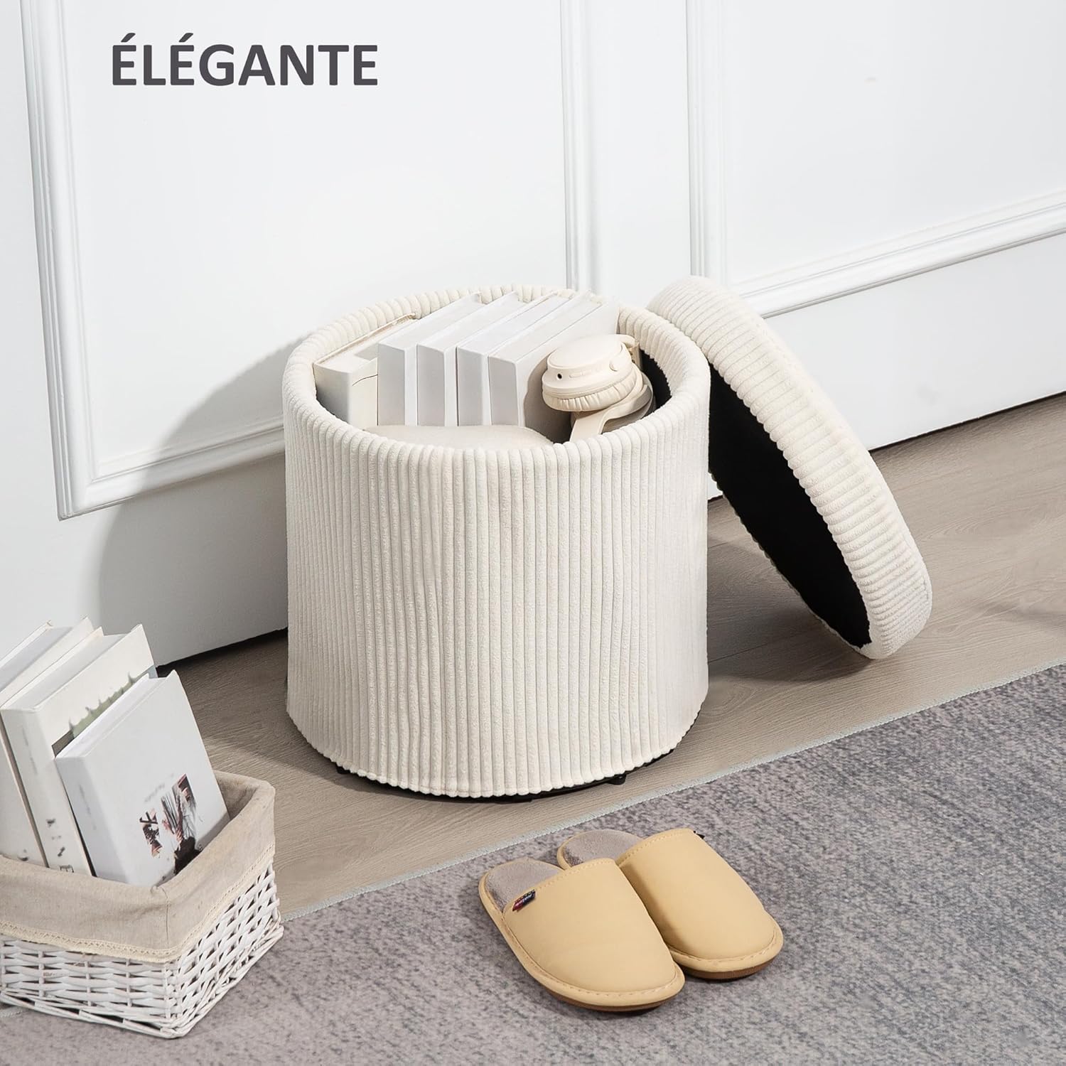 Detalle 2 de HOMCOM Pouf de rangement 32 L en velours côtelé avec couvercle et pieds en acier (jusqu’à 120 kg), beige