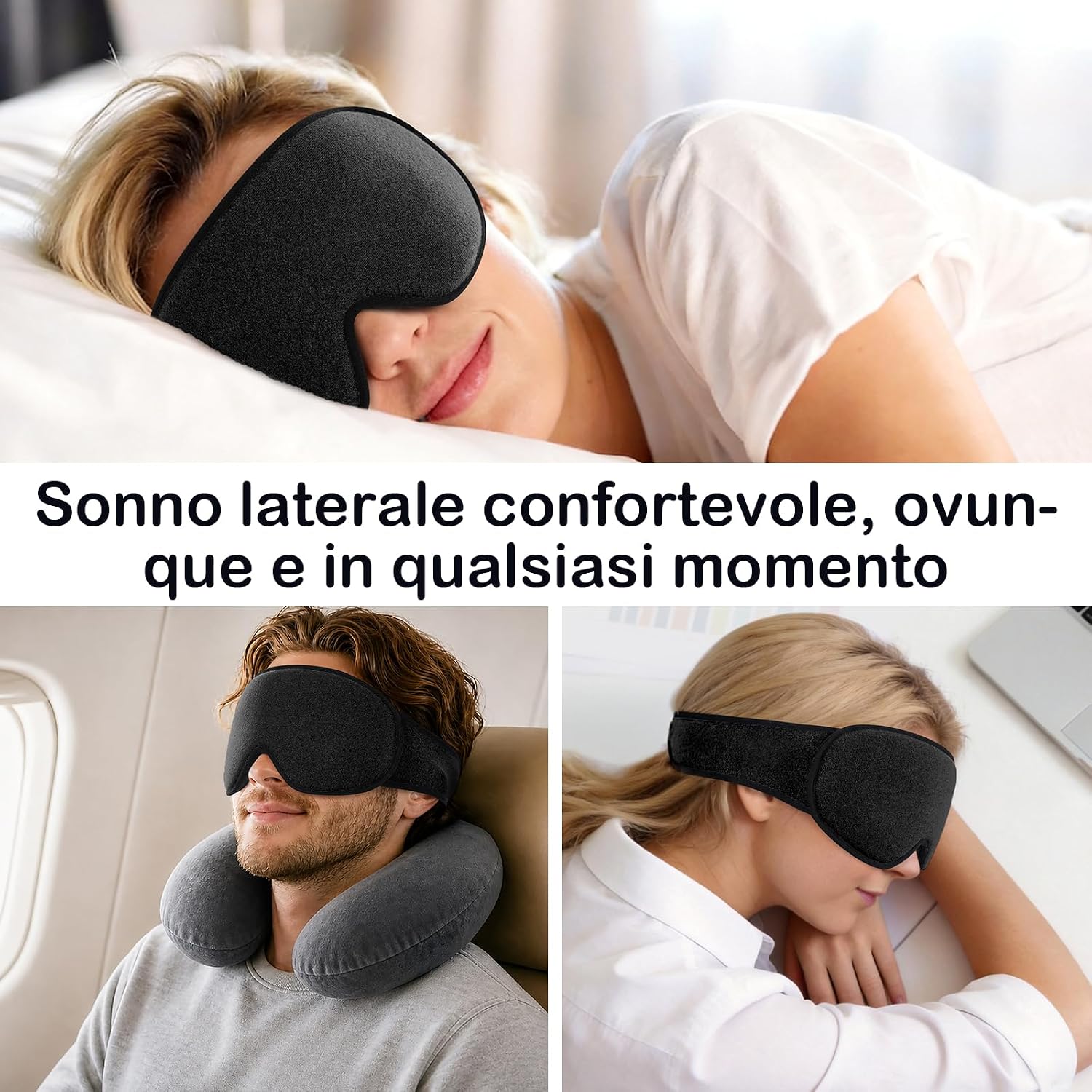 Thumbnail 6 de INNELO Mascherina per dormire 3D in cotone, nero, regolabile per chi dorme sul fianco