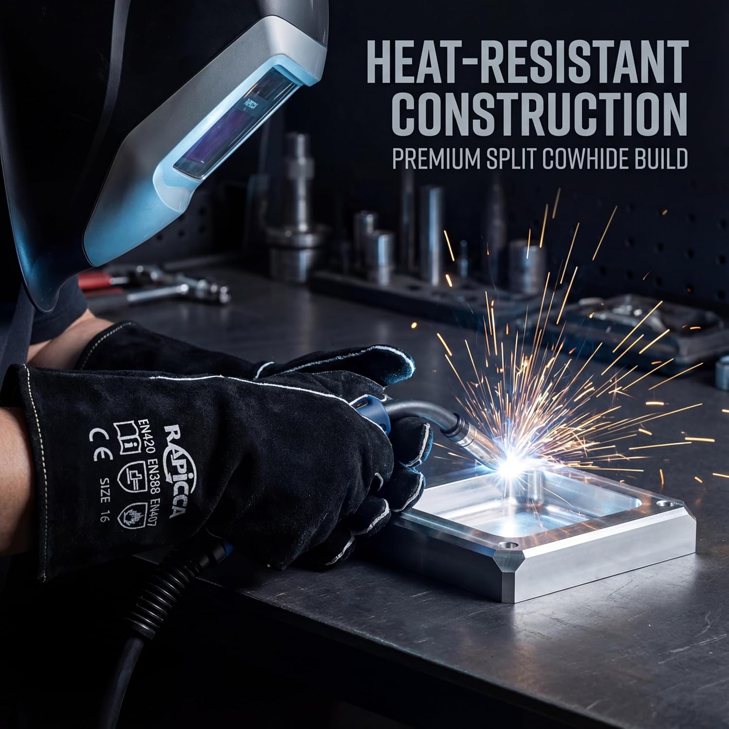 Thumbnail 2 de RAPICCA Welding Gloves Fire Heat Resistant (Black, 16in) – Double-layer fireproof leather for MIG, Stick & forge work