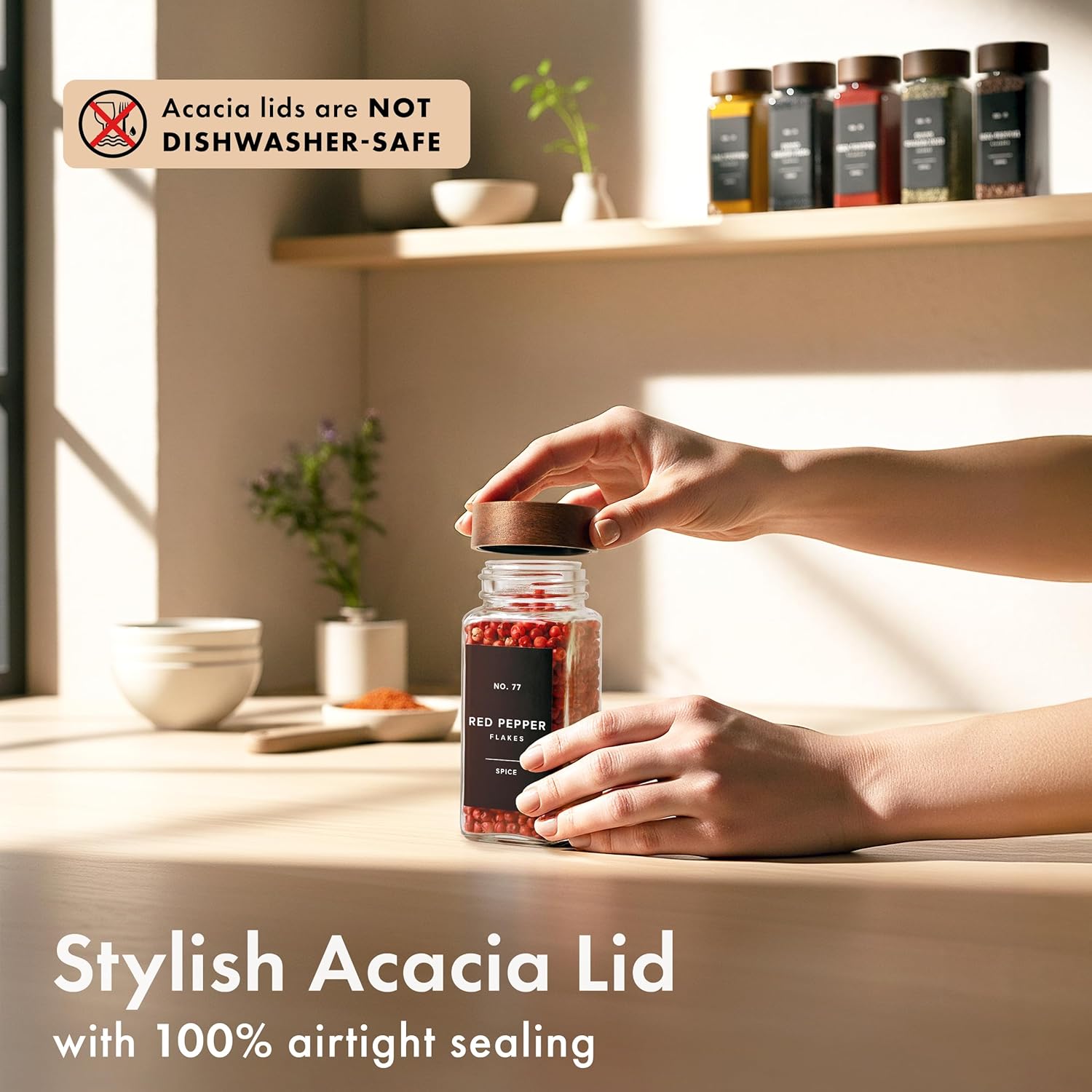 Detalle de EDELHAUS Square Spice Jars with Acacia Wooden Lid (Pack of 24) | Glass Containers with Shaker Inserts, 240 Labels, and Cleaning Brush