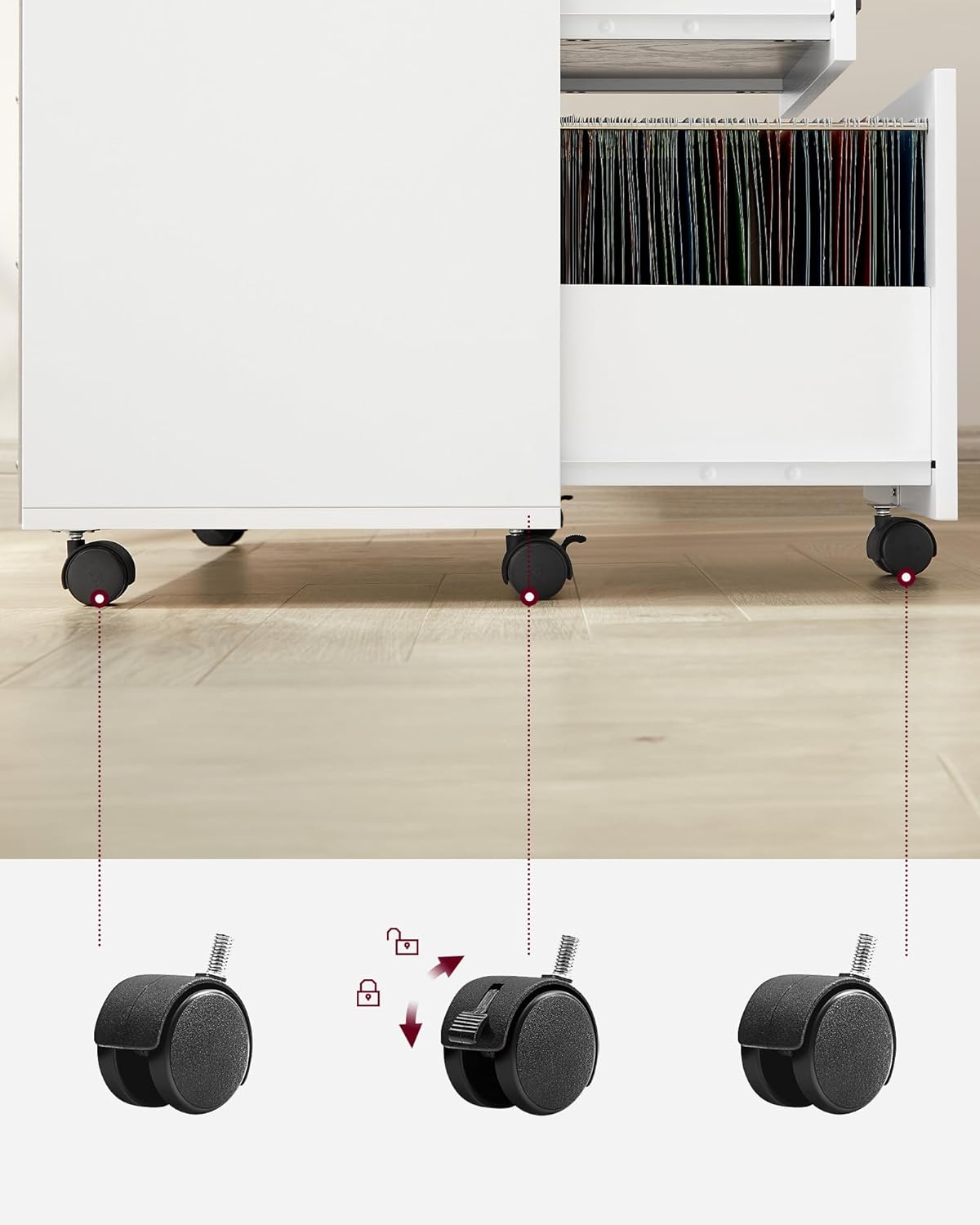 Thumbnail 6 de VASAGLE Rollcontainer OFC041W46 – Aktenschrank mit 3 Schubladen, Druckerständer, Rollen, weiß mit Holzmaserung