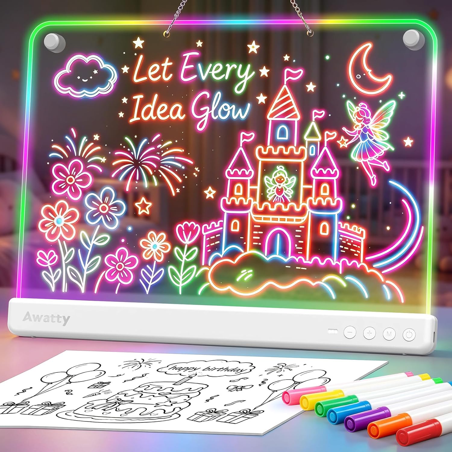 Awatty Lavagna da Disegno a LED (Bianca) – creatività luminous con supporto e kit completo