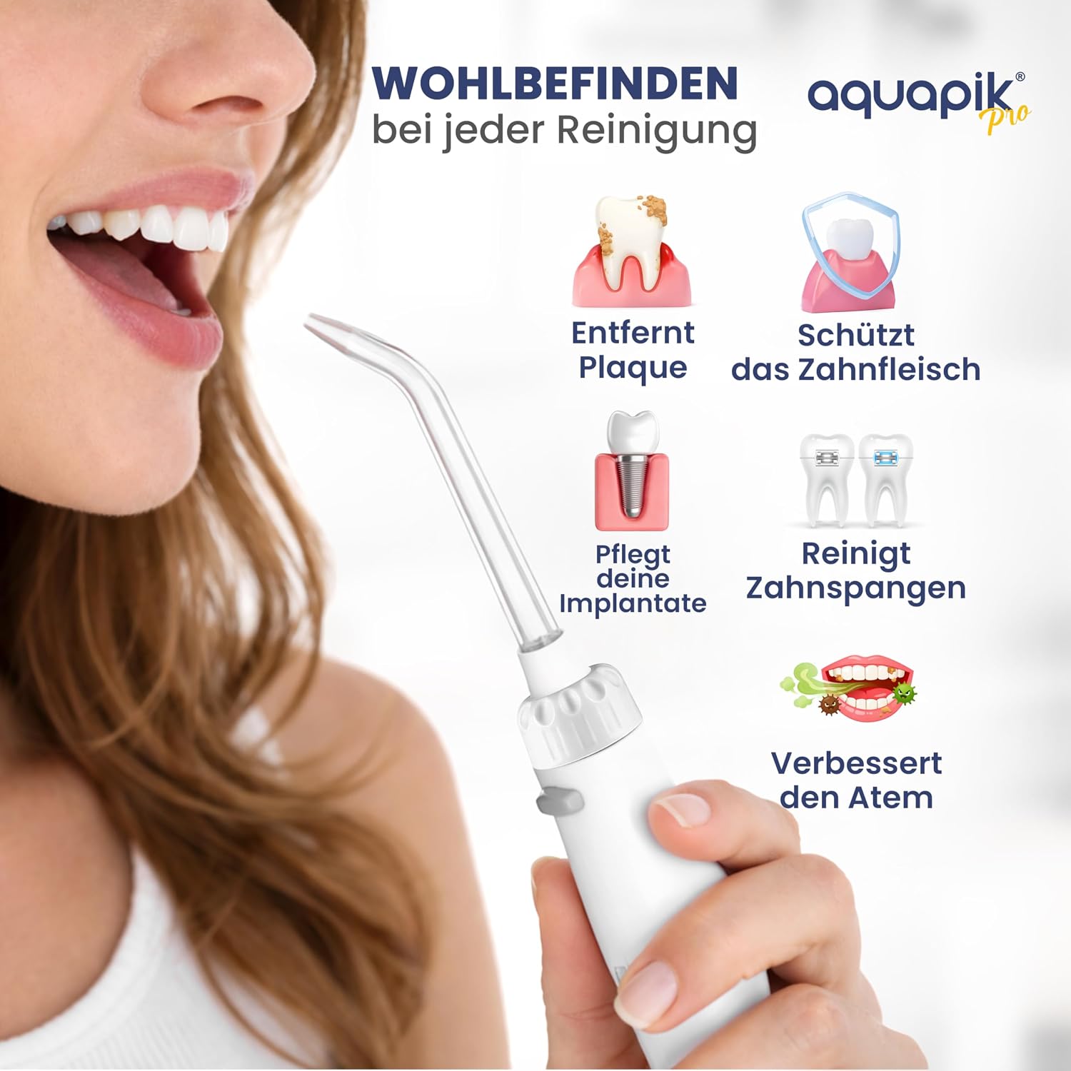 Detalle 2 de Aquapik PRO Munddusche mit Precision Pulse Technologie – gründliche Plaque-Entfernung, 8 Aufsätze, 10 Modi