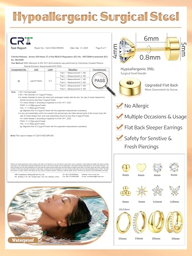 Detalle 2 de CASSIECA 12Pairs Flat Back Earrings – Hypoallergenic 316L Steel with 14K Gold Plating