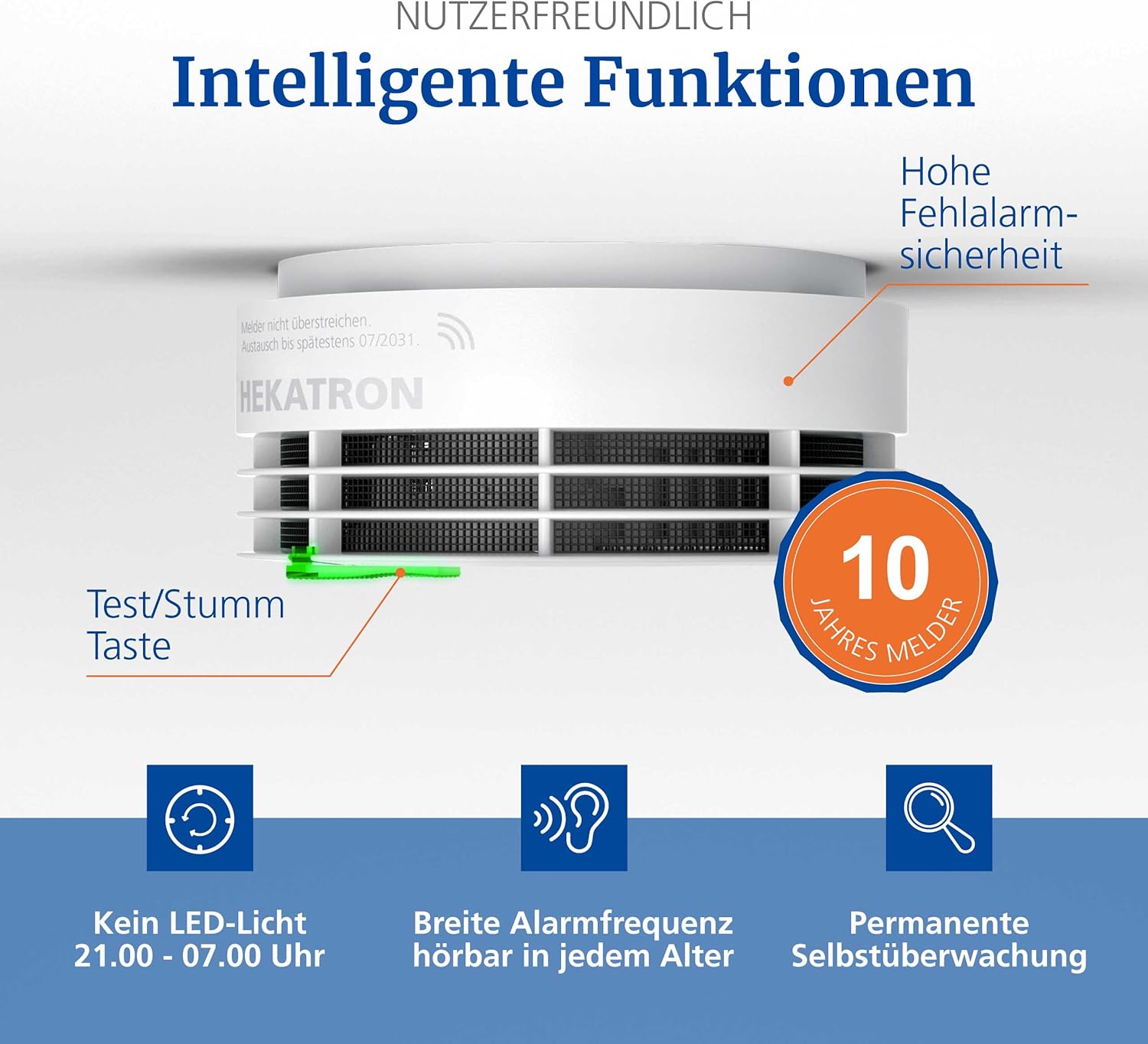 Detalle de Hekatron Genius Plus Rauchmelder 2er-Set – 10 Jahre Batterie, App-Unterstützung, Made in Germany