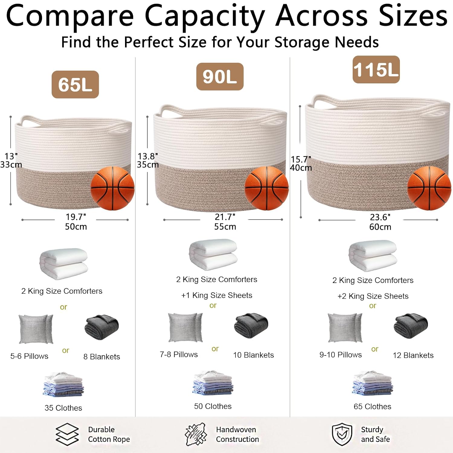 Thumbnail 1 de HZFTJOY 65L Large Blanket Basket (19.7 in x 19.7 in x 13 in) Rope Woven Storage Bin with Handles