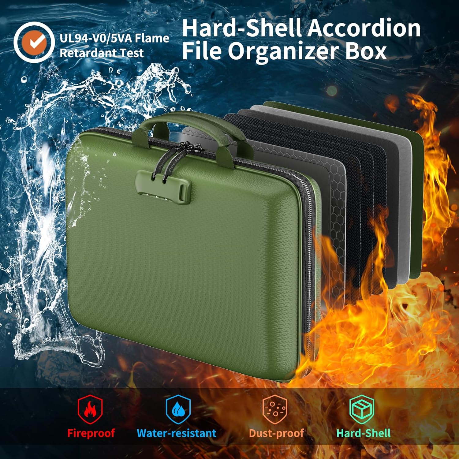 Detalle 2 de DocSafe DS0107 Hard-Shell Fireproof File Organizer with Lock, Green