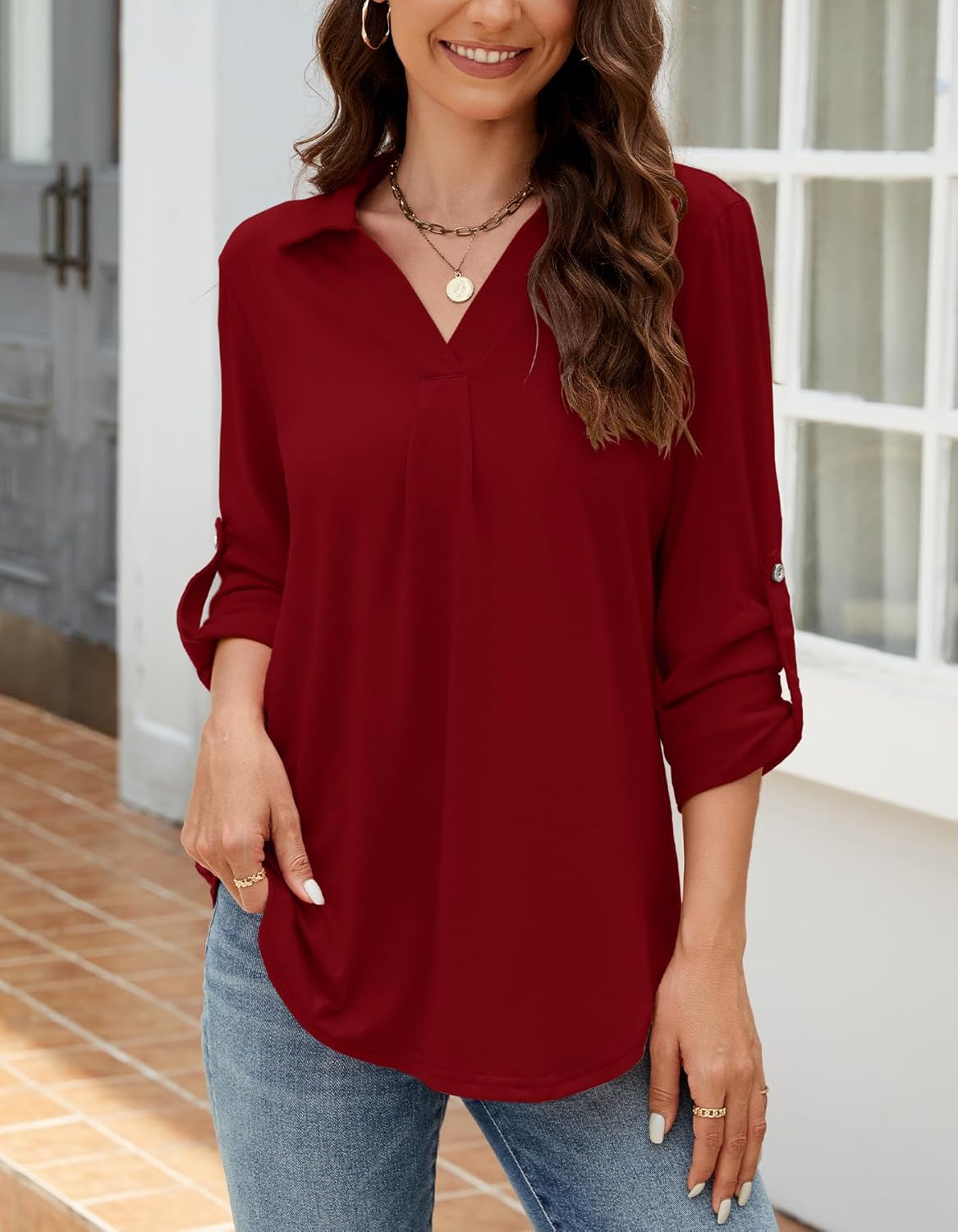 Thumbnail 3 de Odosalii Women's Casual V-Neck Tunic Blouse with Rolled-Up Sleeves