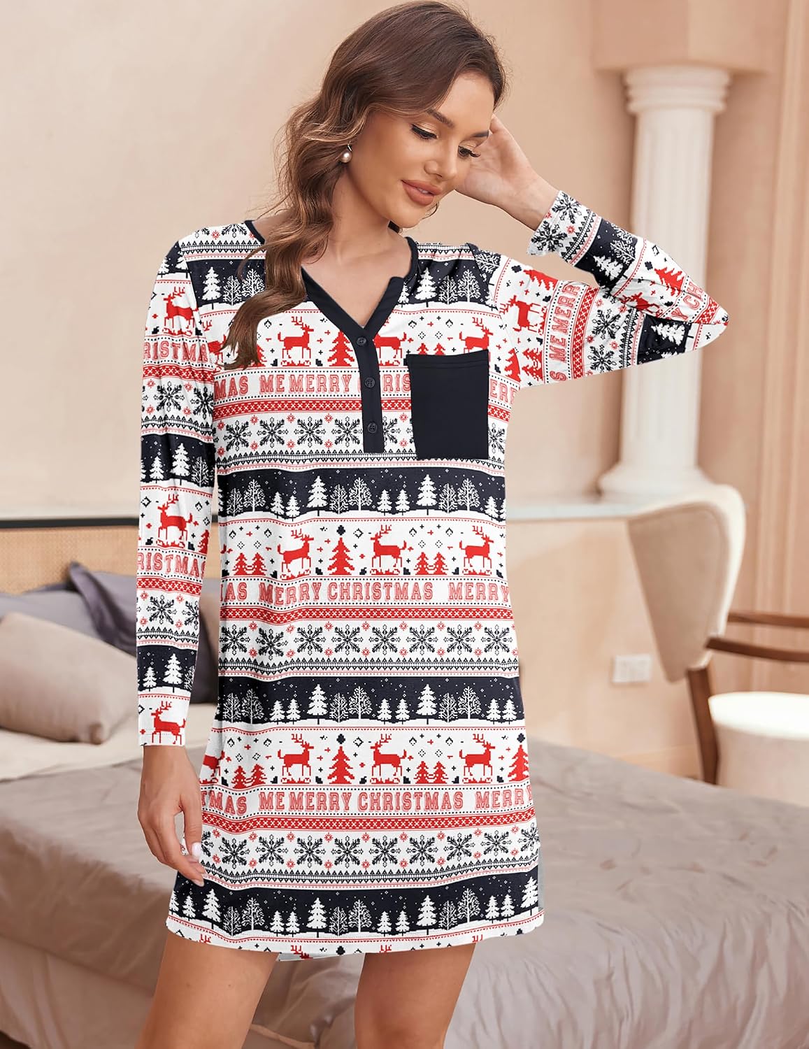 Detalle de Ekouaer Women's Long-Sleeve Button-Down V-Neck Nightshirt