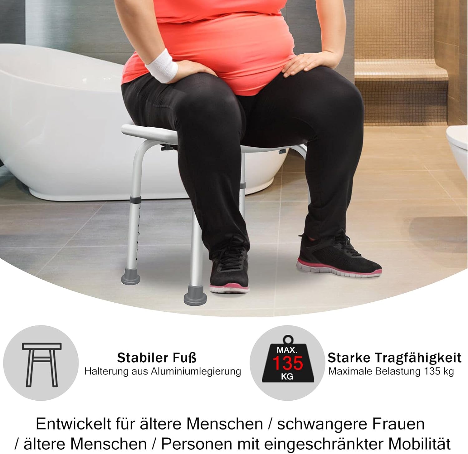 Thumbnail 4 de Suusolny Tabouret de Salle de Bain en Forme de U – Chaise de douche en plastique HDPE, hauteur réglable 35–51 cm, repose-pieds antidérapants