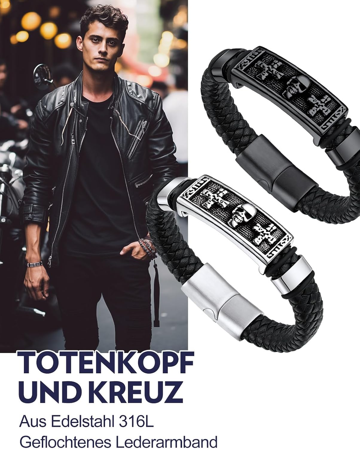 Thumbnail 1 de Bandmax Lederarmband für Herren „Mjölnir/Totenkopf/Freimaurerei“ mit Magnetverschluss