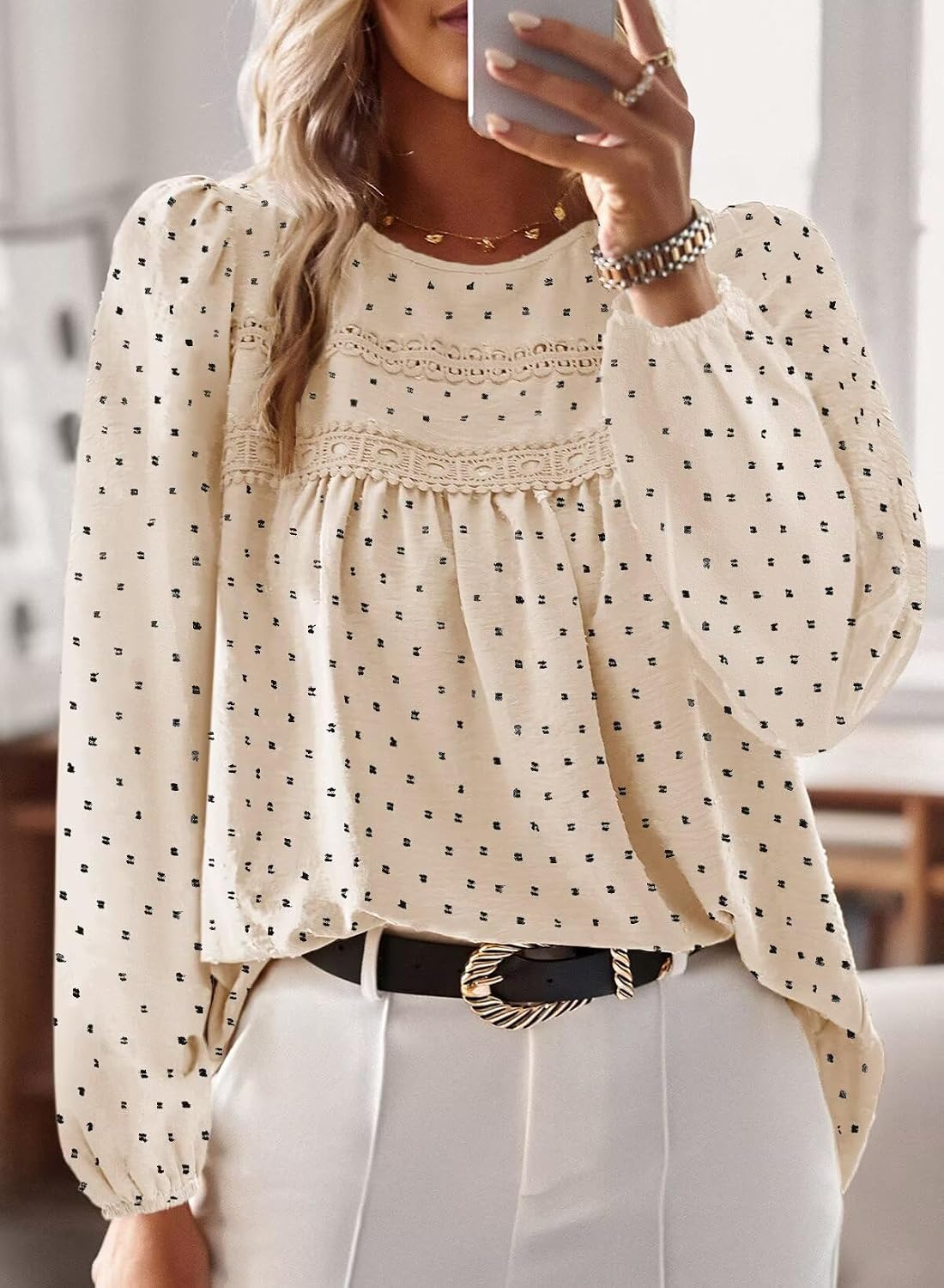 Detalle de TUUHAW Langarmshirt Damen Boho mit Rundhals & Häkelapplikation – lässige Tunika für Frühling bis Winter