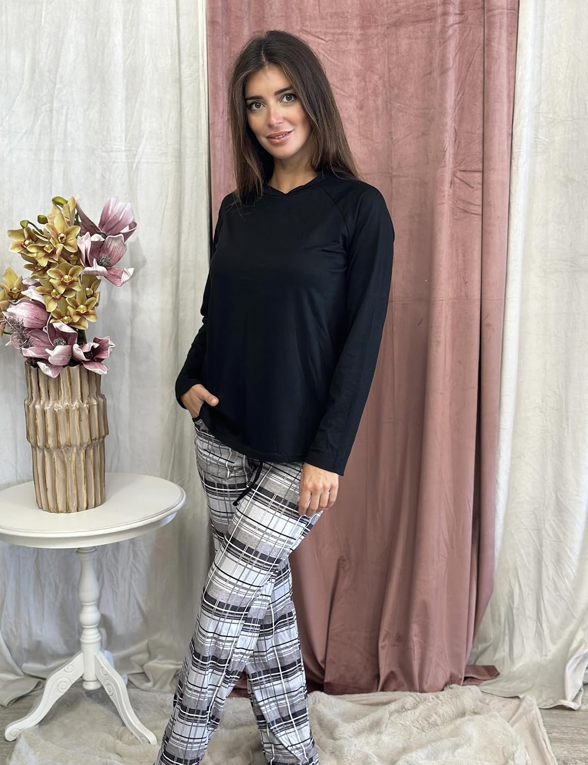 Detalle de Uniexcosm Pyjama Femme en coton long – Ensemble à carreaux avec poches et col rond