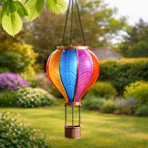 Detalle de Festive Lights 45cm Solar Hot Air Balloon Lantern – Rainbow Stain Outdoor Hanging LED Garden Light