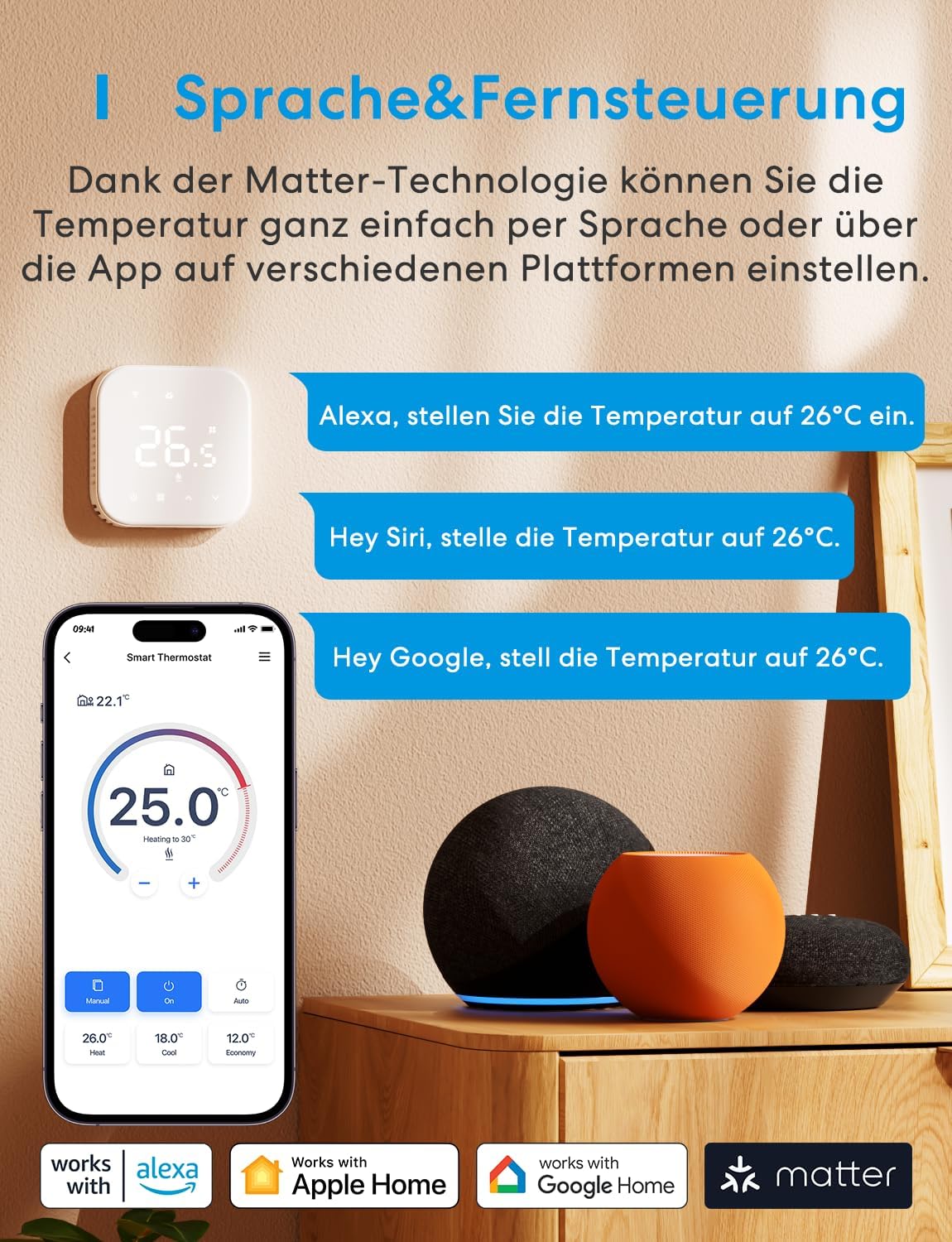 Detalle de Meross Thermostat Matter – Heizungs- und Fußbodenheizungsthermostat (Weiß)