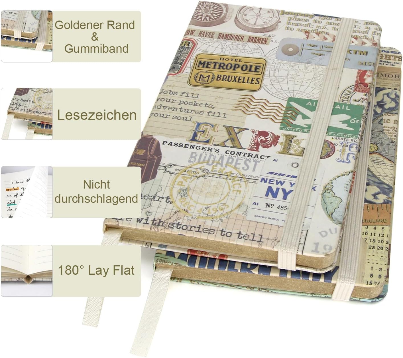 Detalle de WETLOTE A6 Notizbuch Liniert – 2er-Set Florentin & Provence, Hardcover, 74 Blätter je Buch, Goldsprühkante, Italienisches Blumenpapier