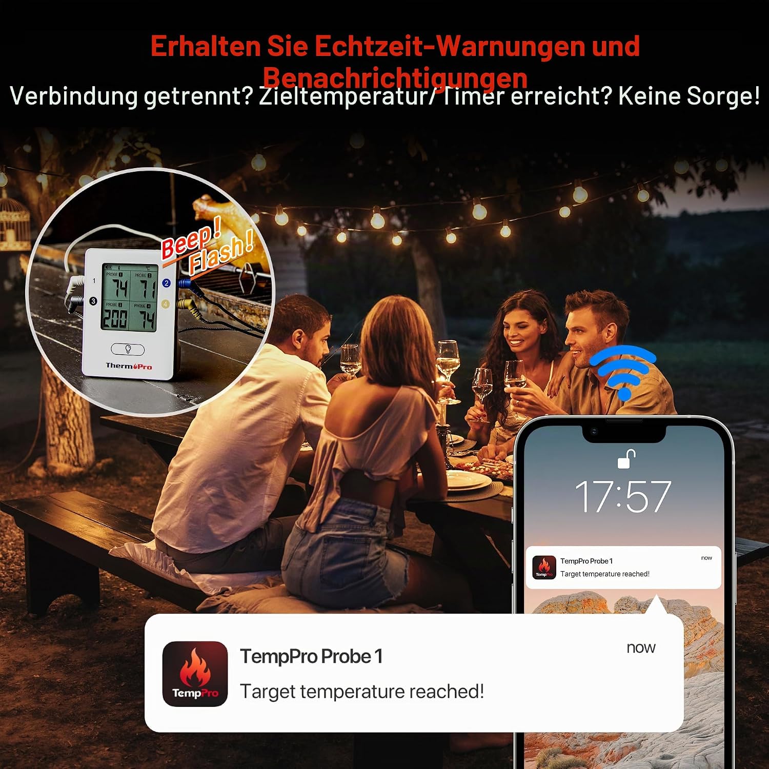 Detalle de ThermoPro TempPro Bluetooth 5.0 Grillthermometer mit 4 Sonden – präzise Kerntemperaturüberwachung bis 150 m