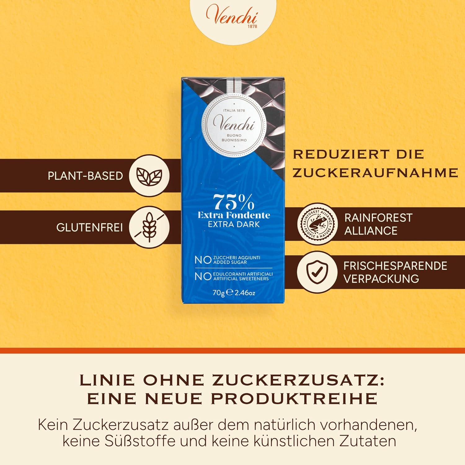 Thumbnail 3 de Venchi Zartbitterschokoladentafel mit 70% weniger Zucker (70% weniger Zucker), 100 g, ohne Zuckerzusatz – glutenfrei