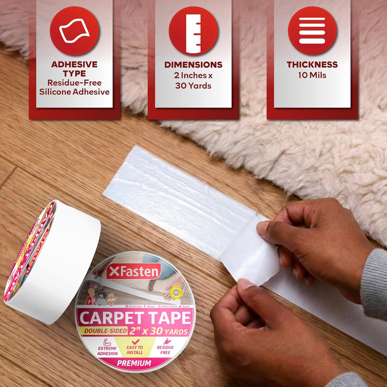 Thumbnail 3 de XFasten Double-Sided Carpet Tape, 2 Inch x 90 Ft for Rugs
