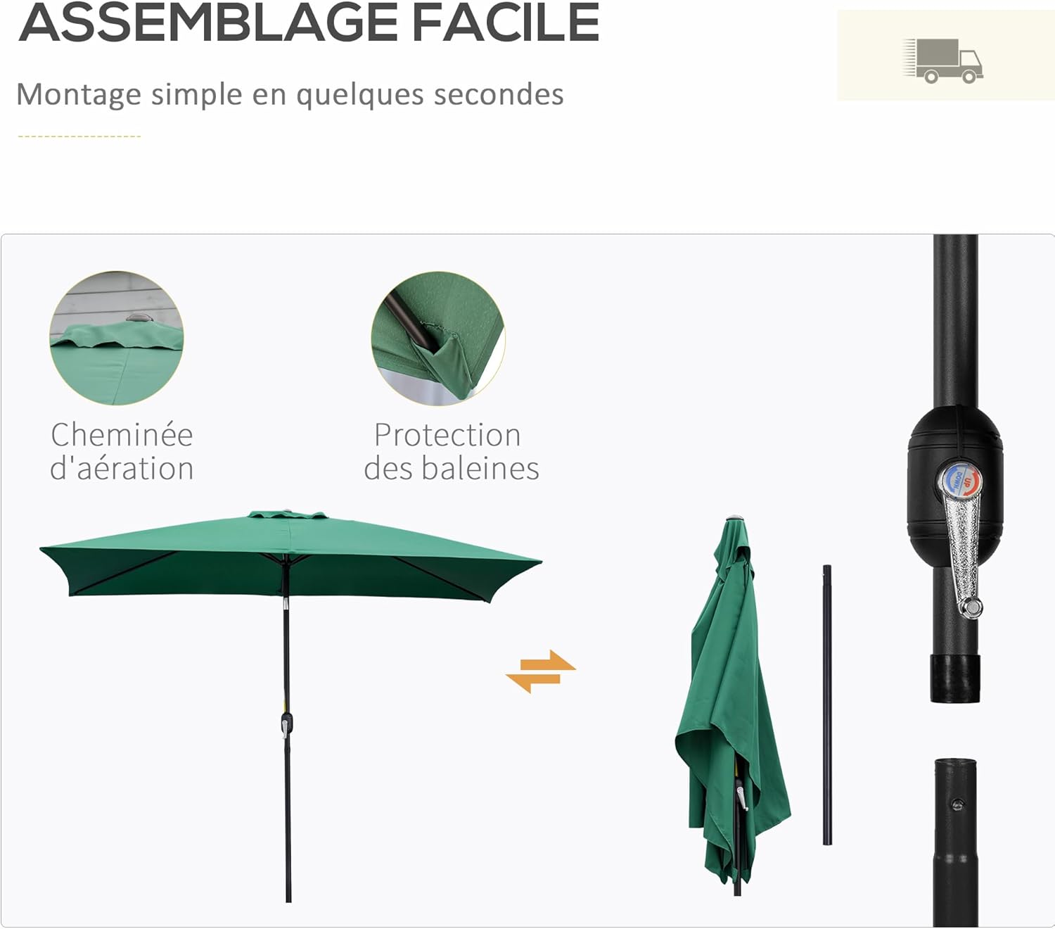 Thumbnail 4 de Outsunny Parasol de jardin rectangulaire inclinable 3 x 2 m en aluminium et polyester haute densité
